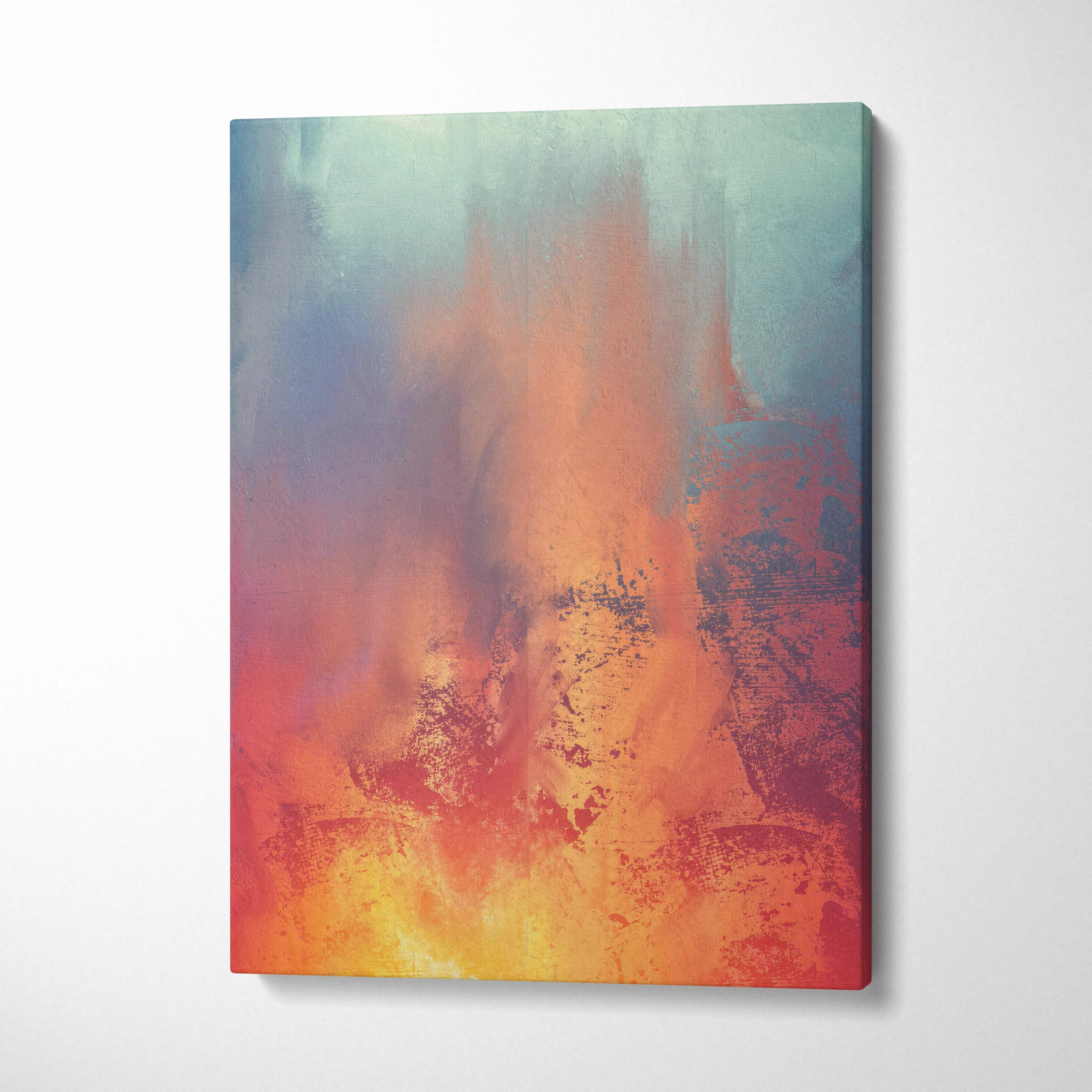 Abstract expressionist canvas wall art with fiery orange red glow and teal backdrop