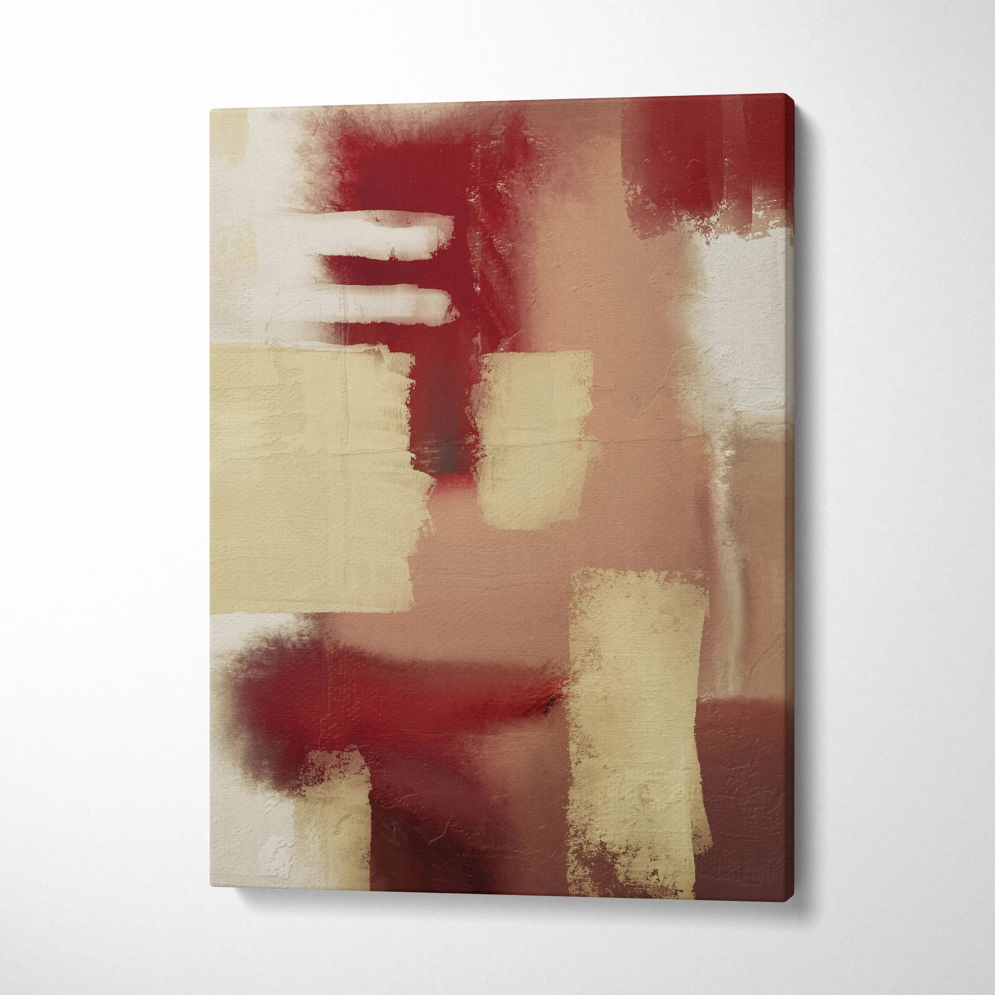 Abstract geometric painting with deep red beige blocks textured canvas wall art