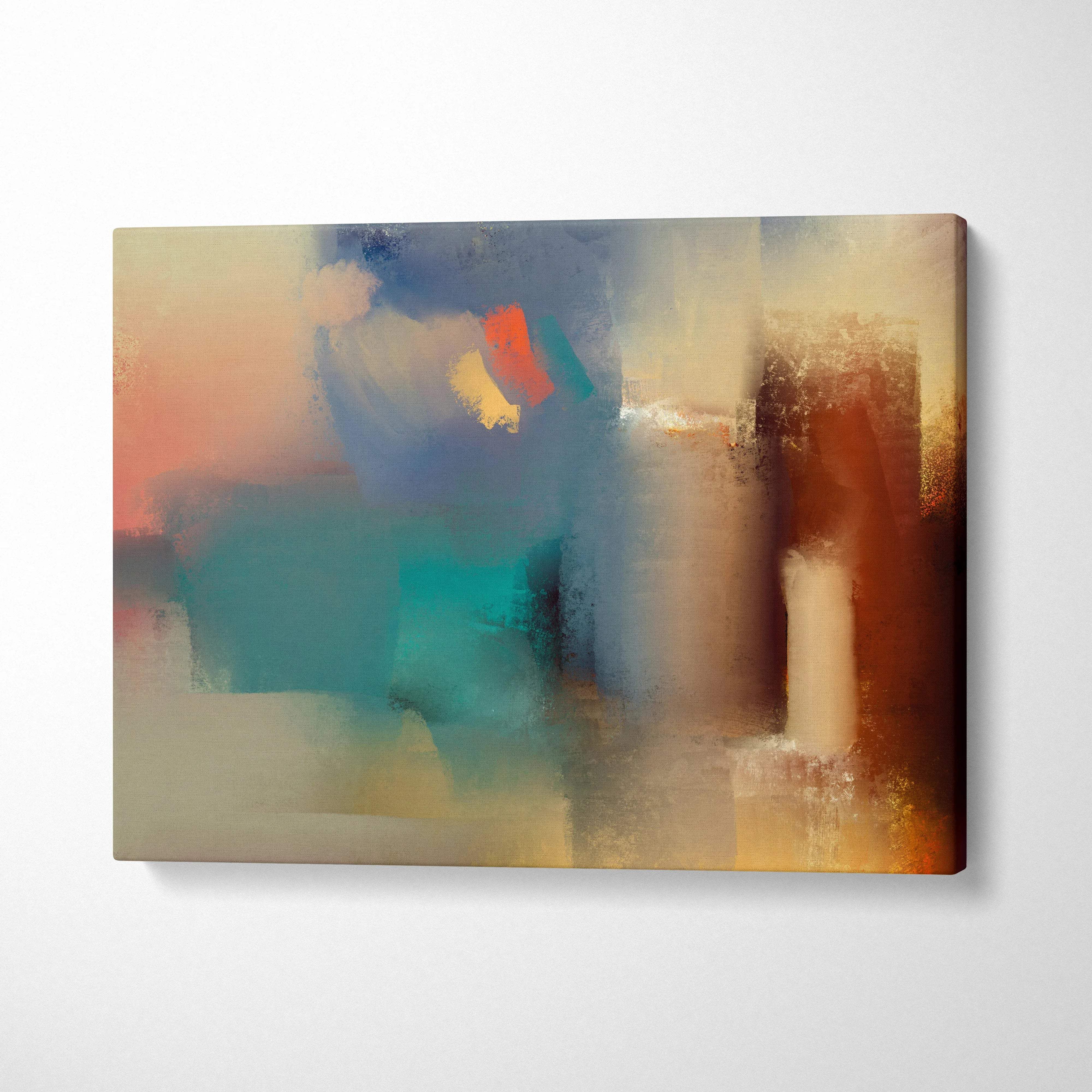 Soft abstract canvas painting with layered shapes in muted teal, cream, rust, coral, and golden hues