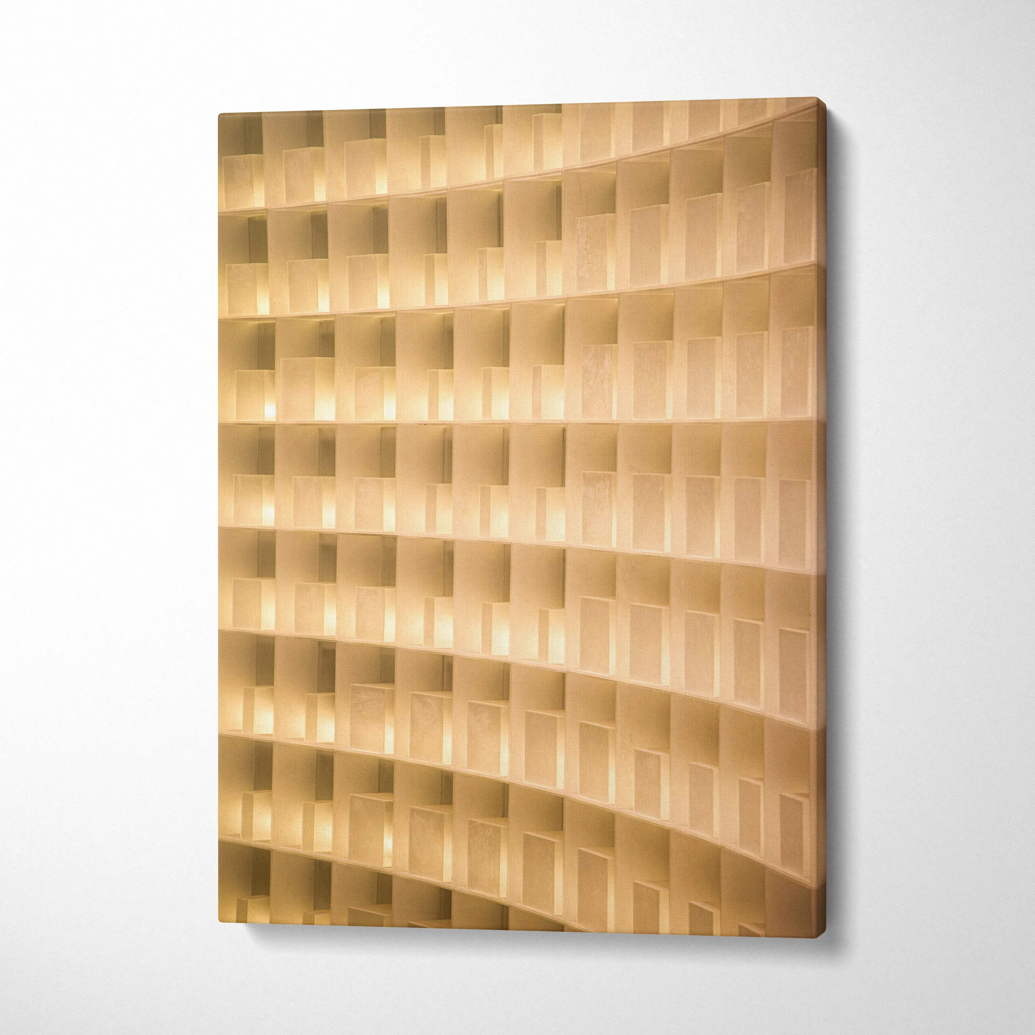 Modern curved geometric canvas wall art in warm beige golden tones