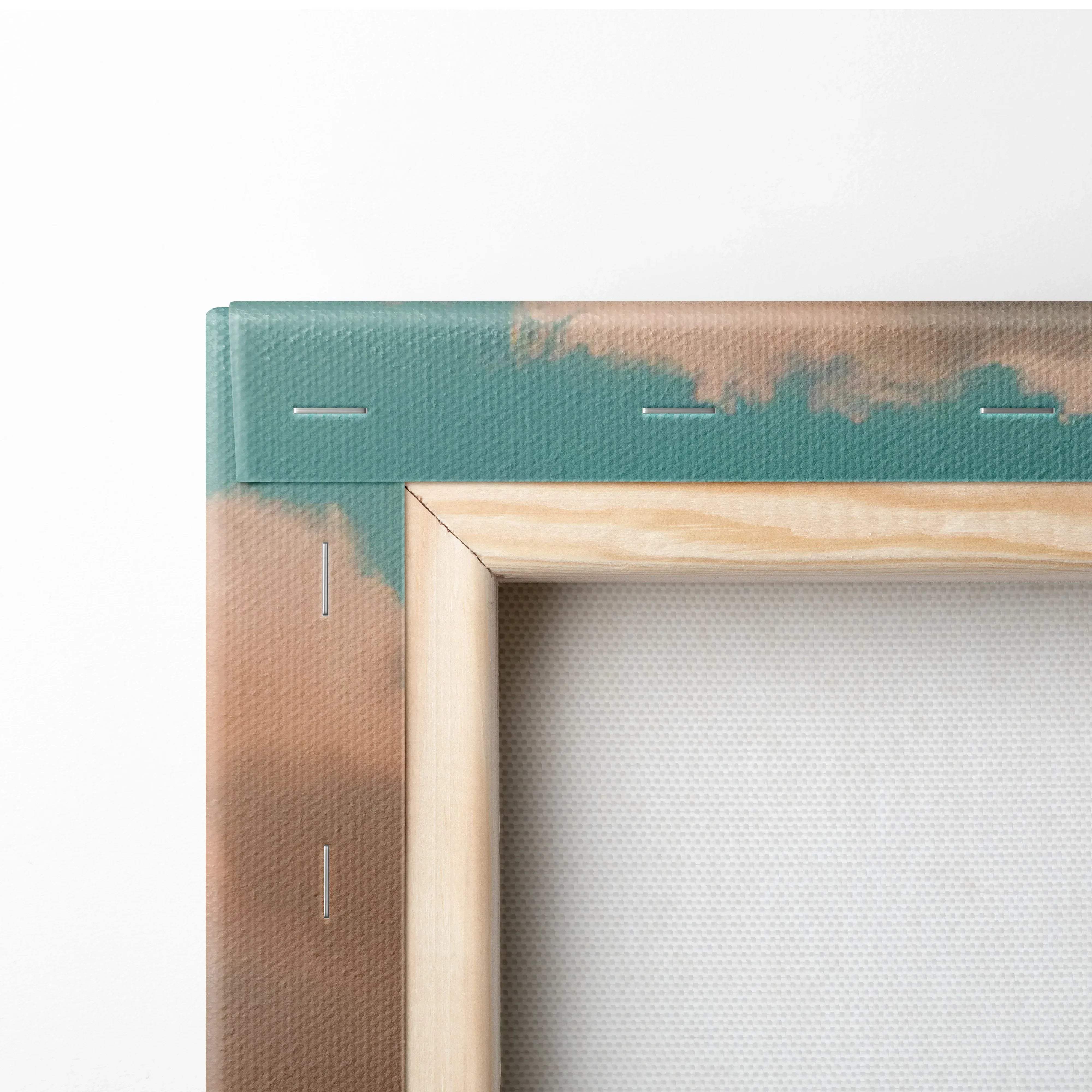 Teal and beige canvas print with visible stitching on wooden frame dreamy urban sunset cityscape in warm amber hues