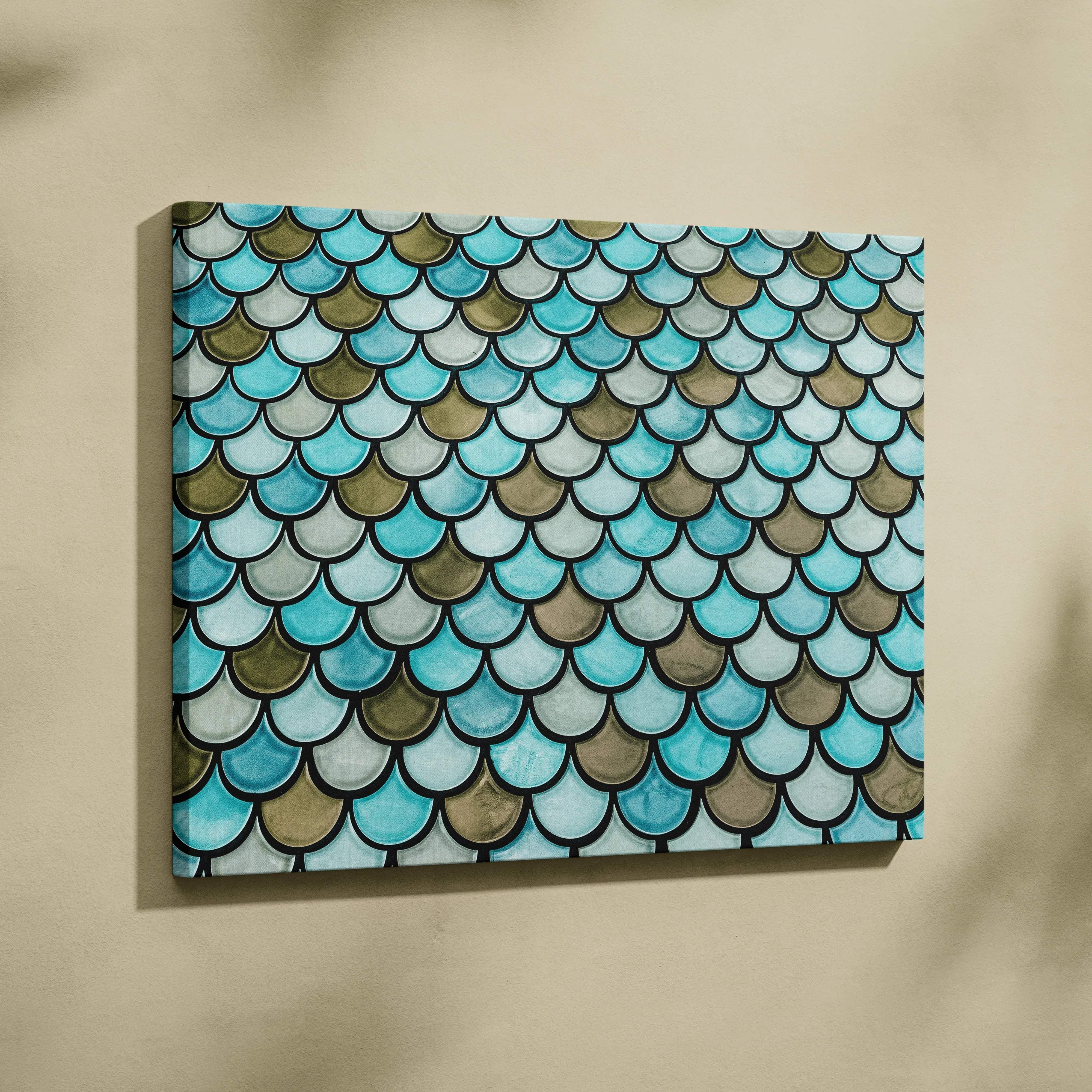 Coastal scalloped fish scale canvas wall art in turquoise seafoam olive tones