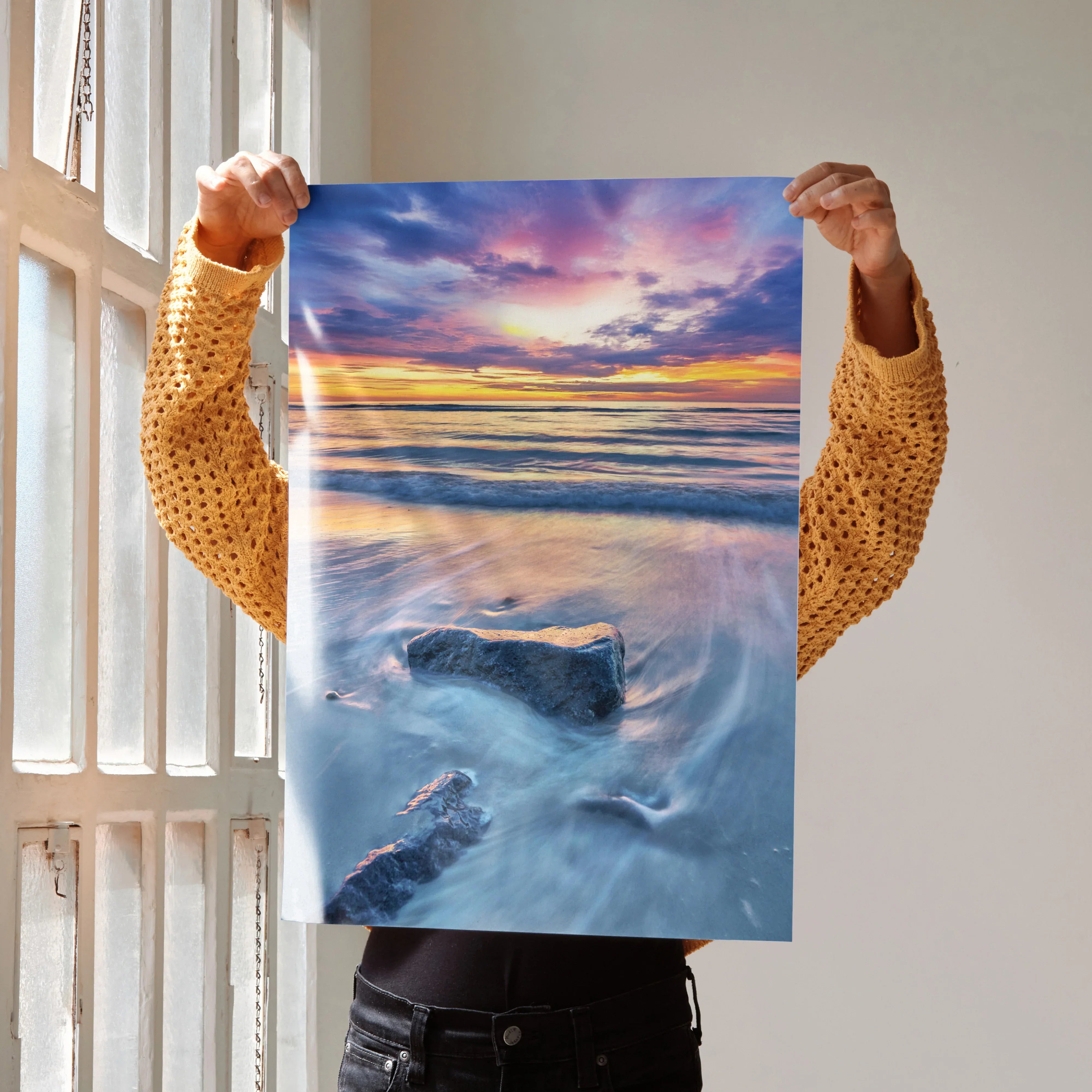 Vertical beach sunset ocean poster with vibrant sky and flowing water wall art.