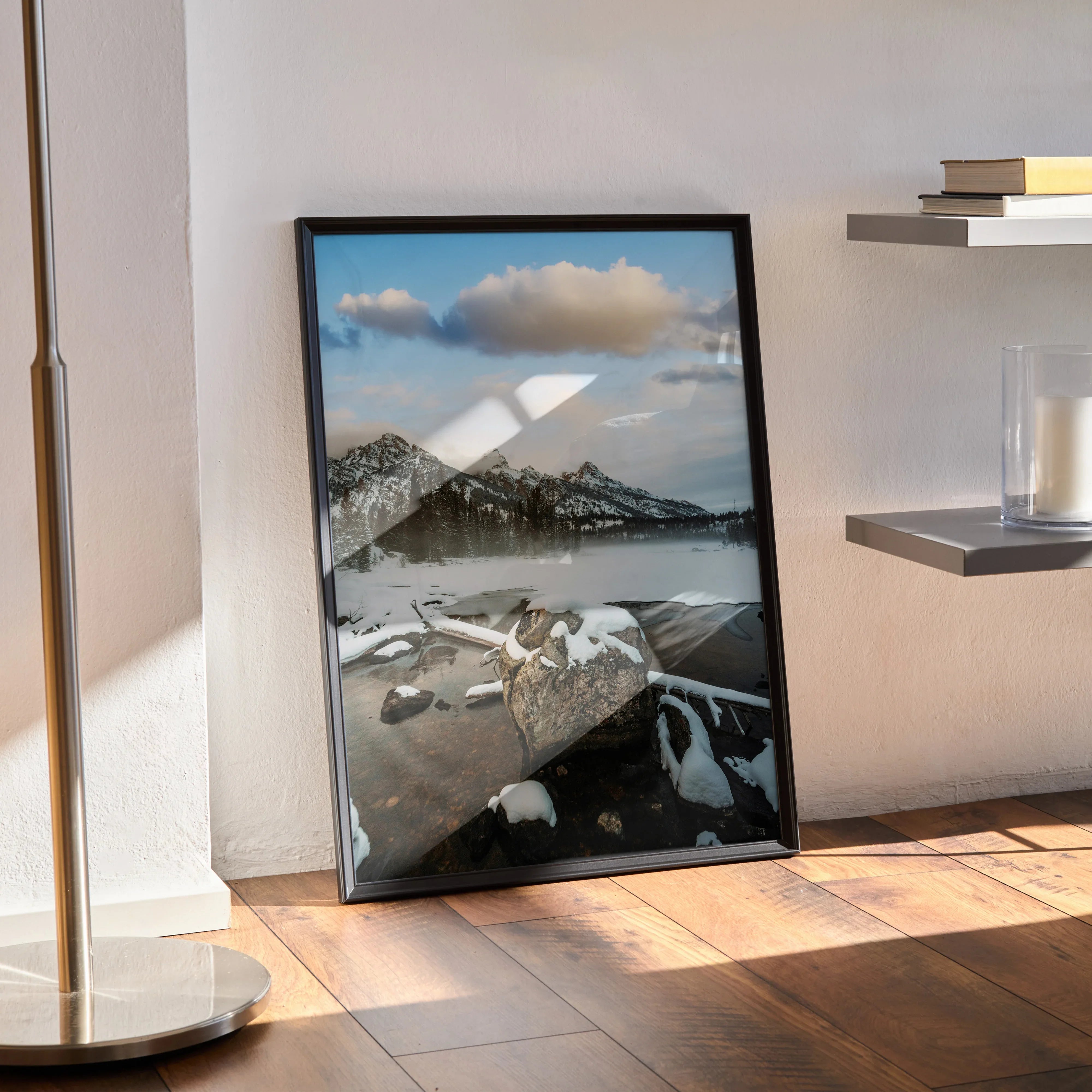 Majestic snowy mountain landscape poster with blue sky and clouds, vertical wall art.