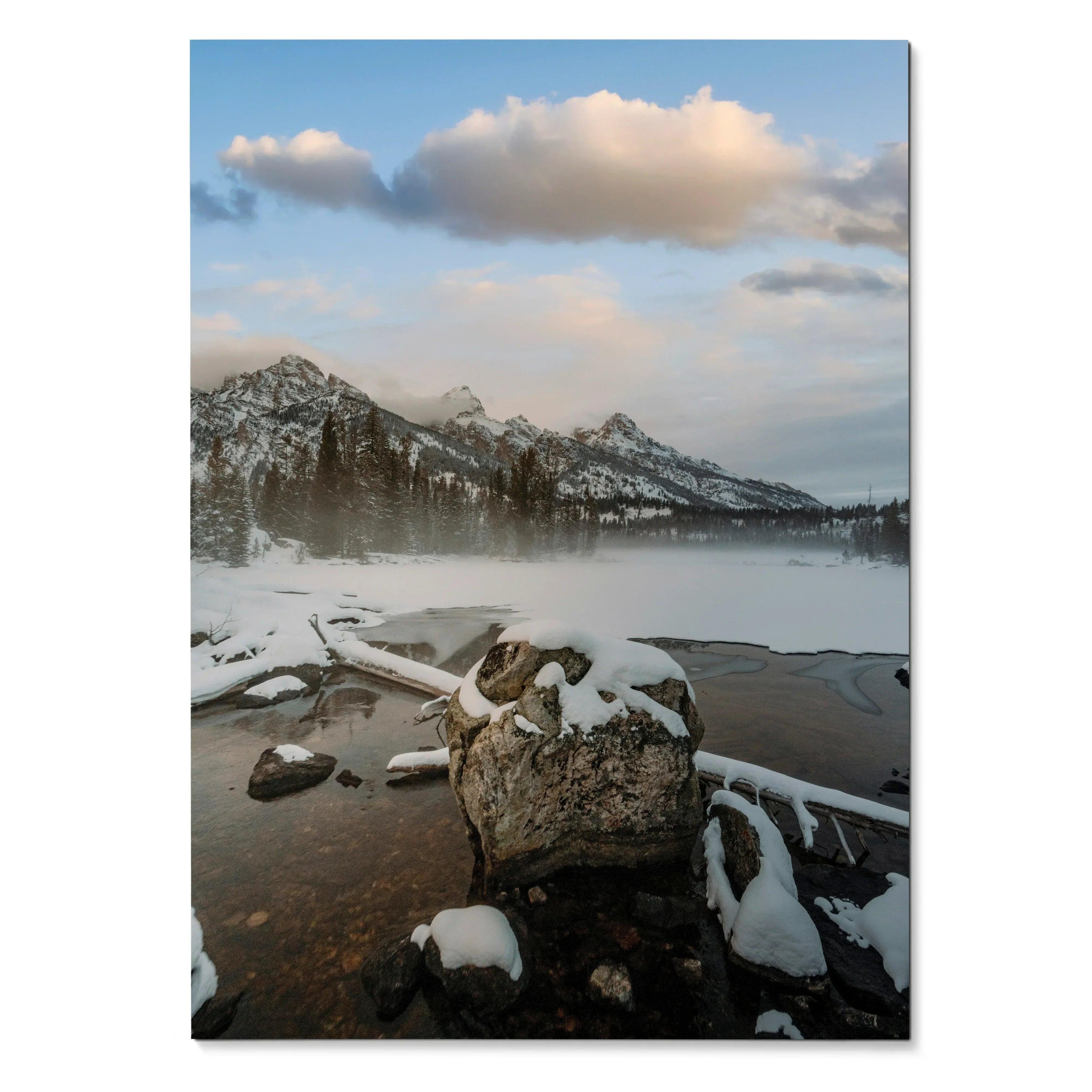 Vertical poster of snowy mountain peaks above a misty lake with rocks, wall art, nature art.