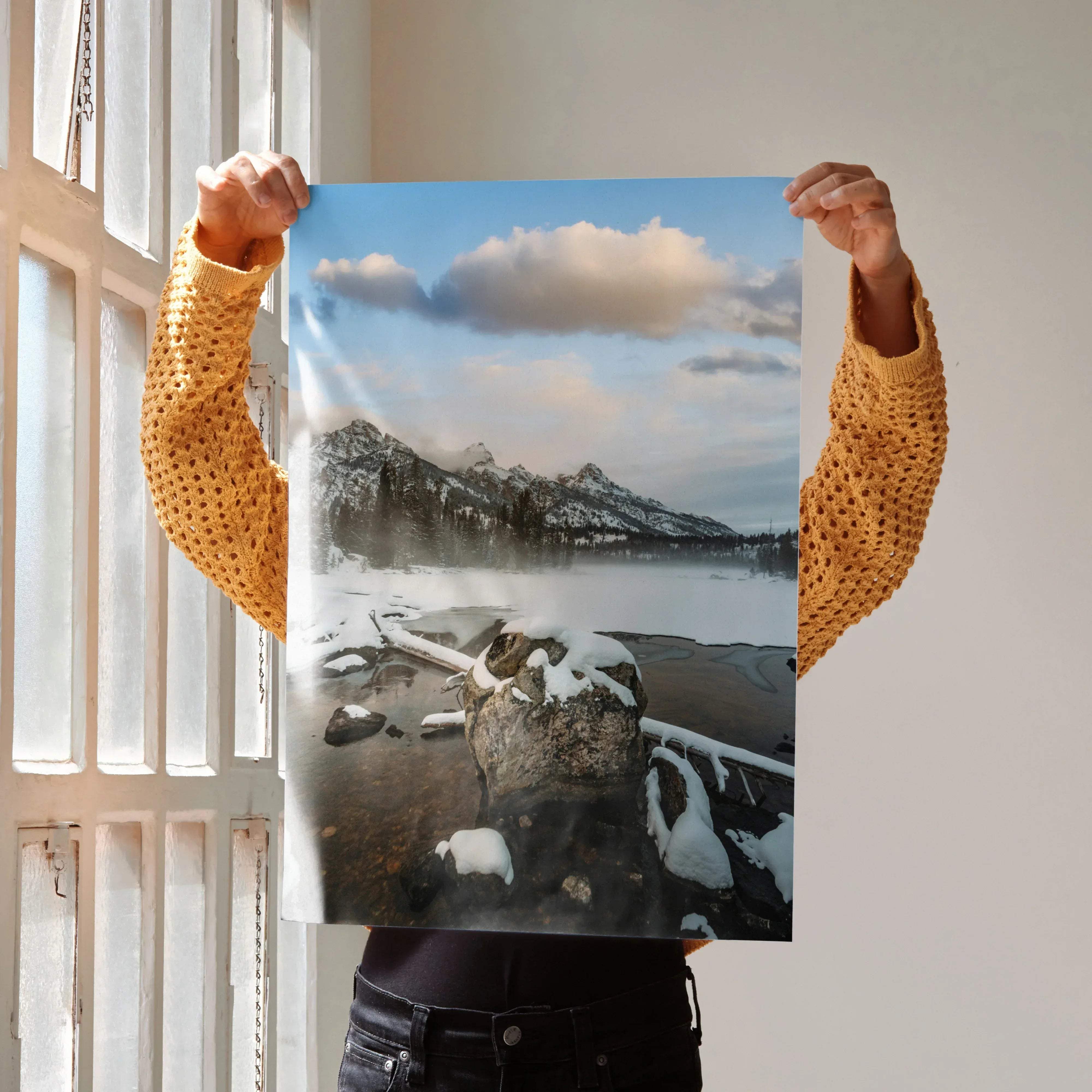 Majestic snowy mountains nature art poster vertical featuring a glossy rectangular print of a snowy mountain lake scene