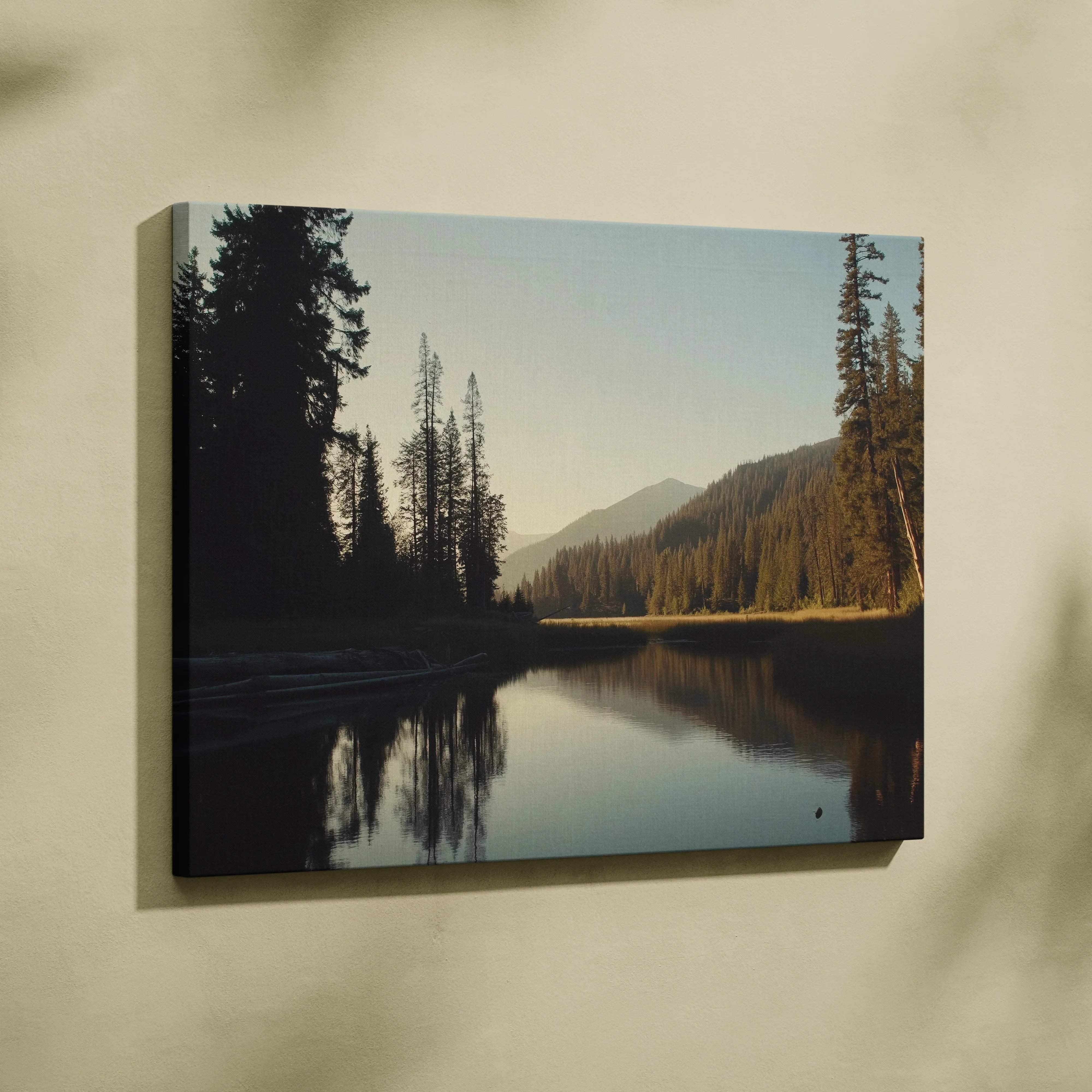 Canvas wall art of serene forest lake with mountains in golden hour light
