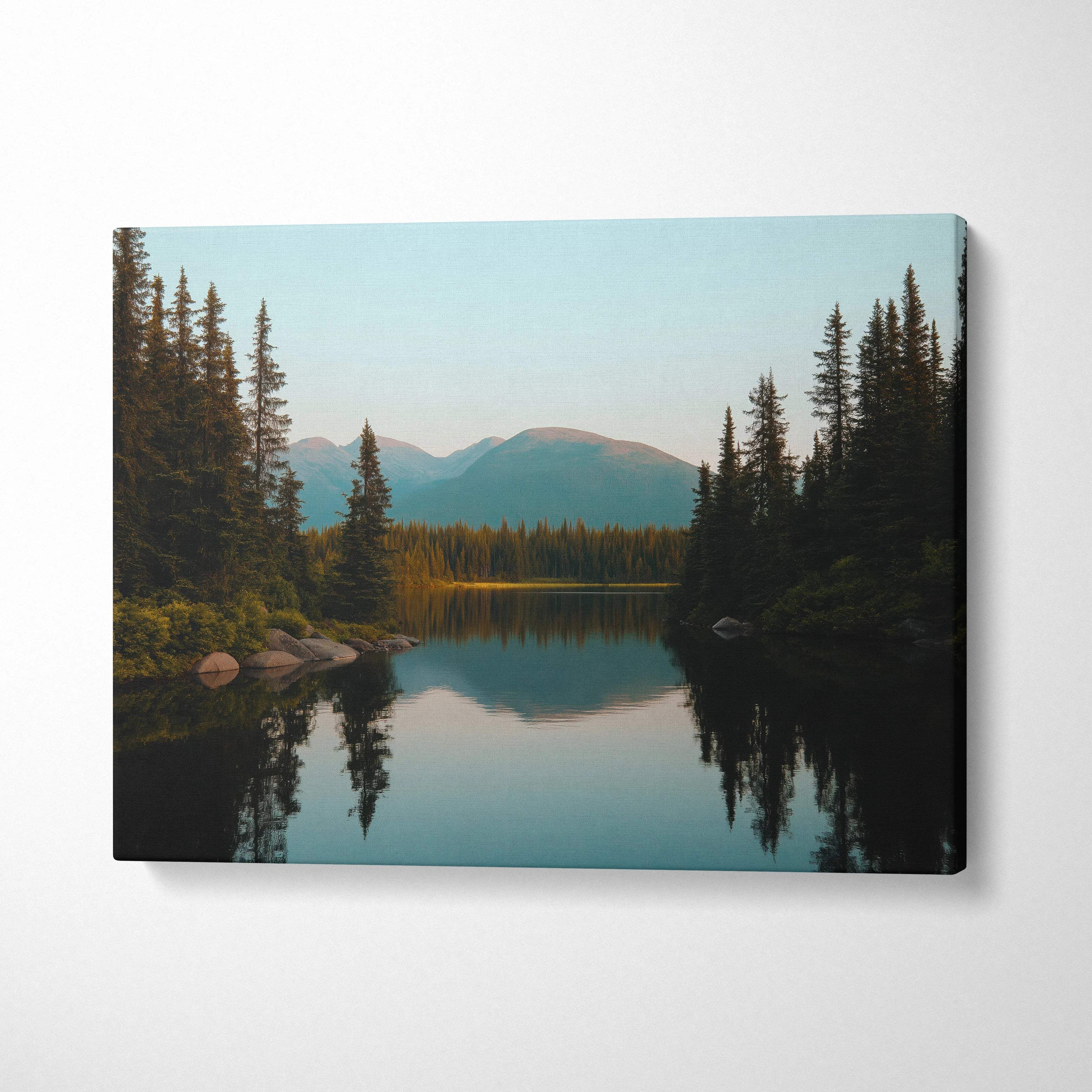 Calm Mountain Lake Landscape Canvas Wall Art In Tranquil Blues And Gre ...
