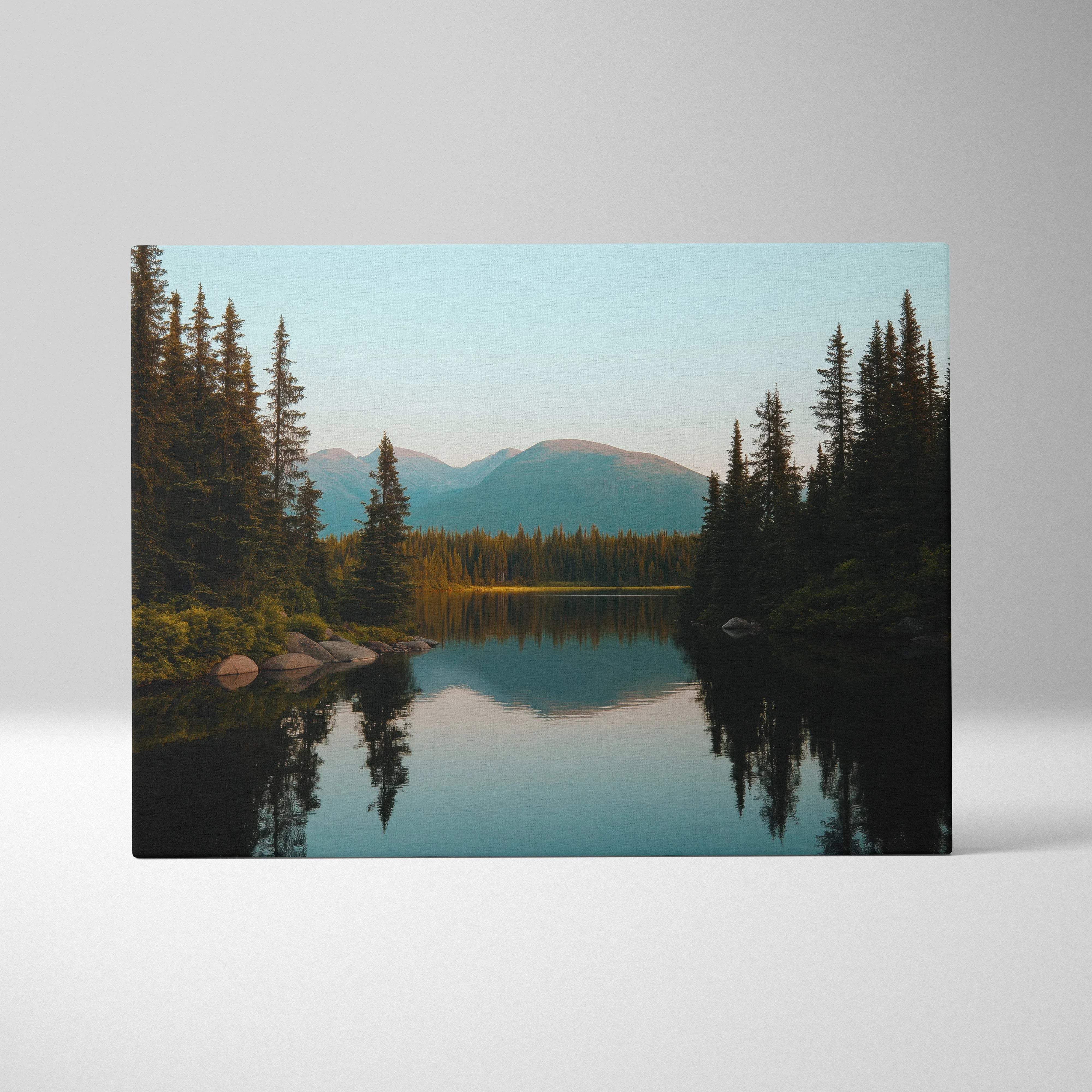 Serene mountain lake canvas wall art in blues and greens