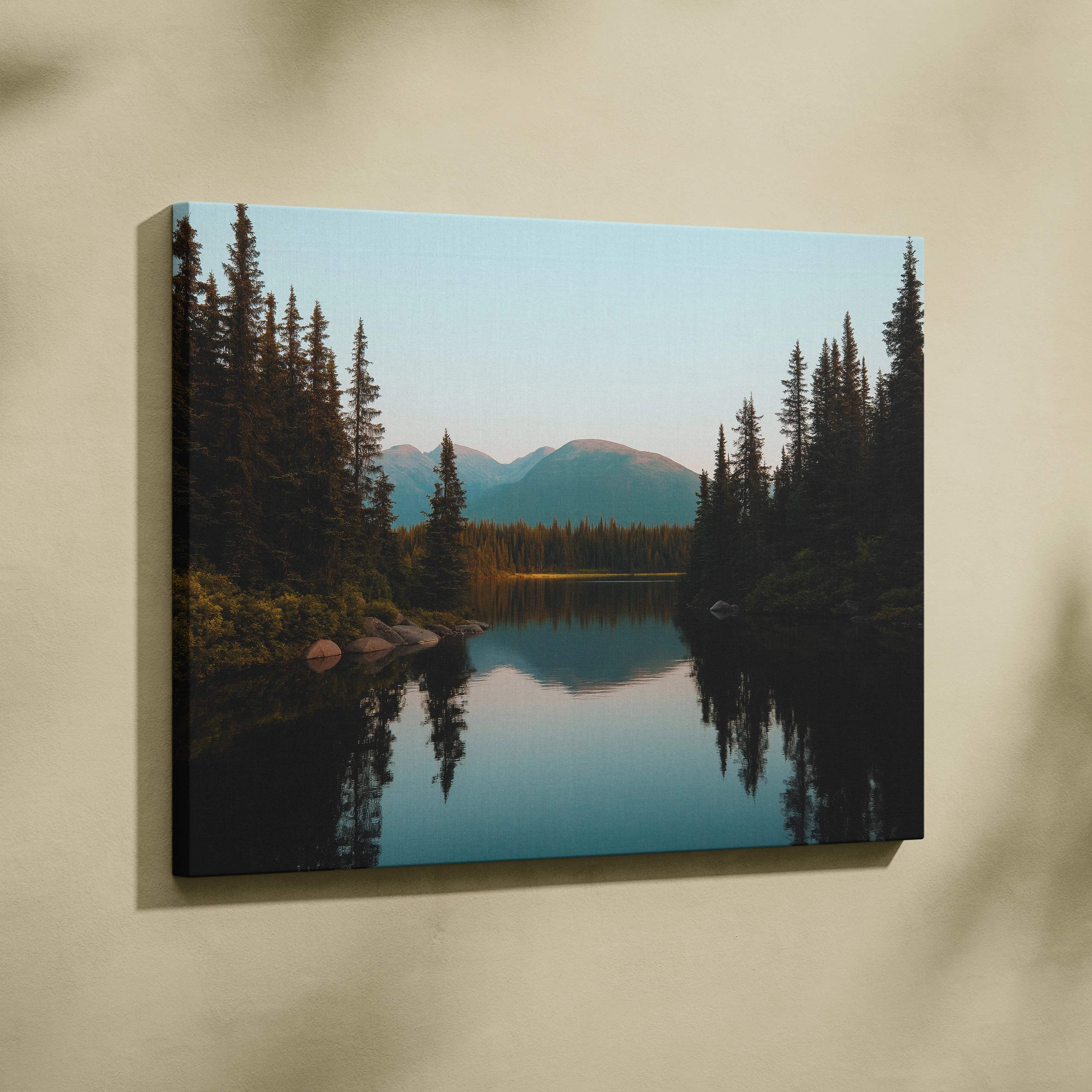 Canvas wall art of serene mountain lake in blues and greens