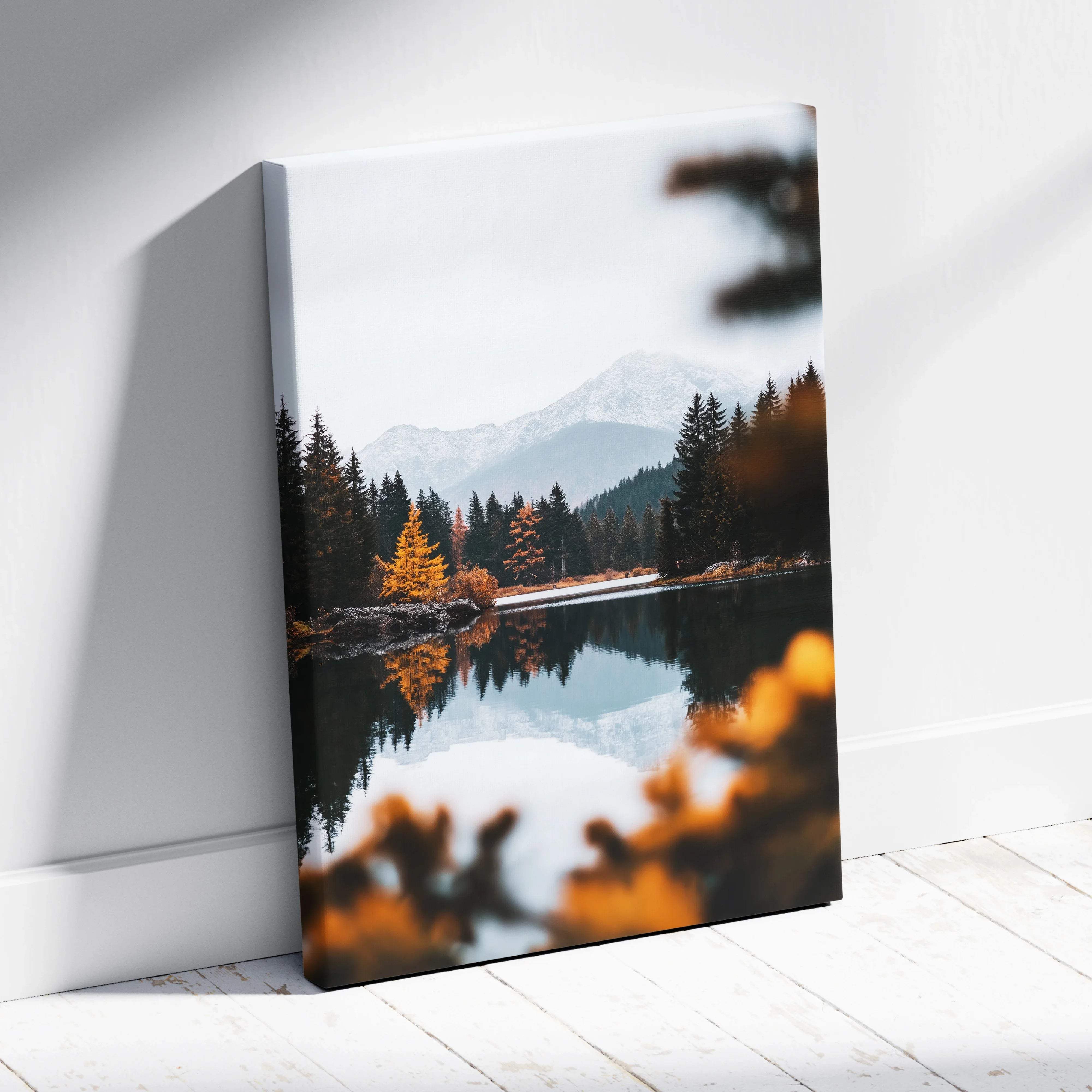 Serene canvas wall art of autumn lake, evergreens, golden foliage, mountains