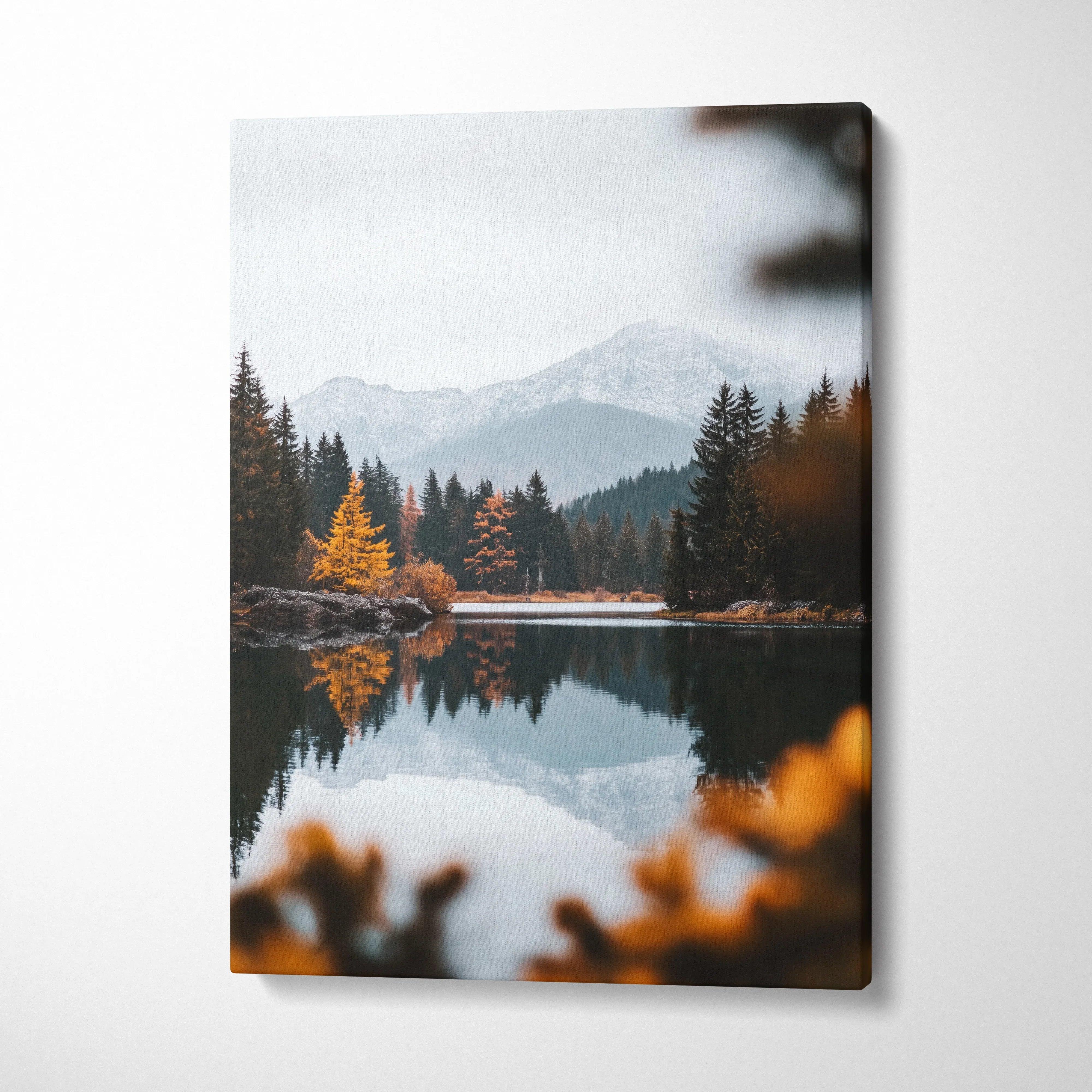 Serene canvas wall art of autumn mountain forest with reflective lake