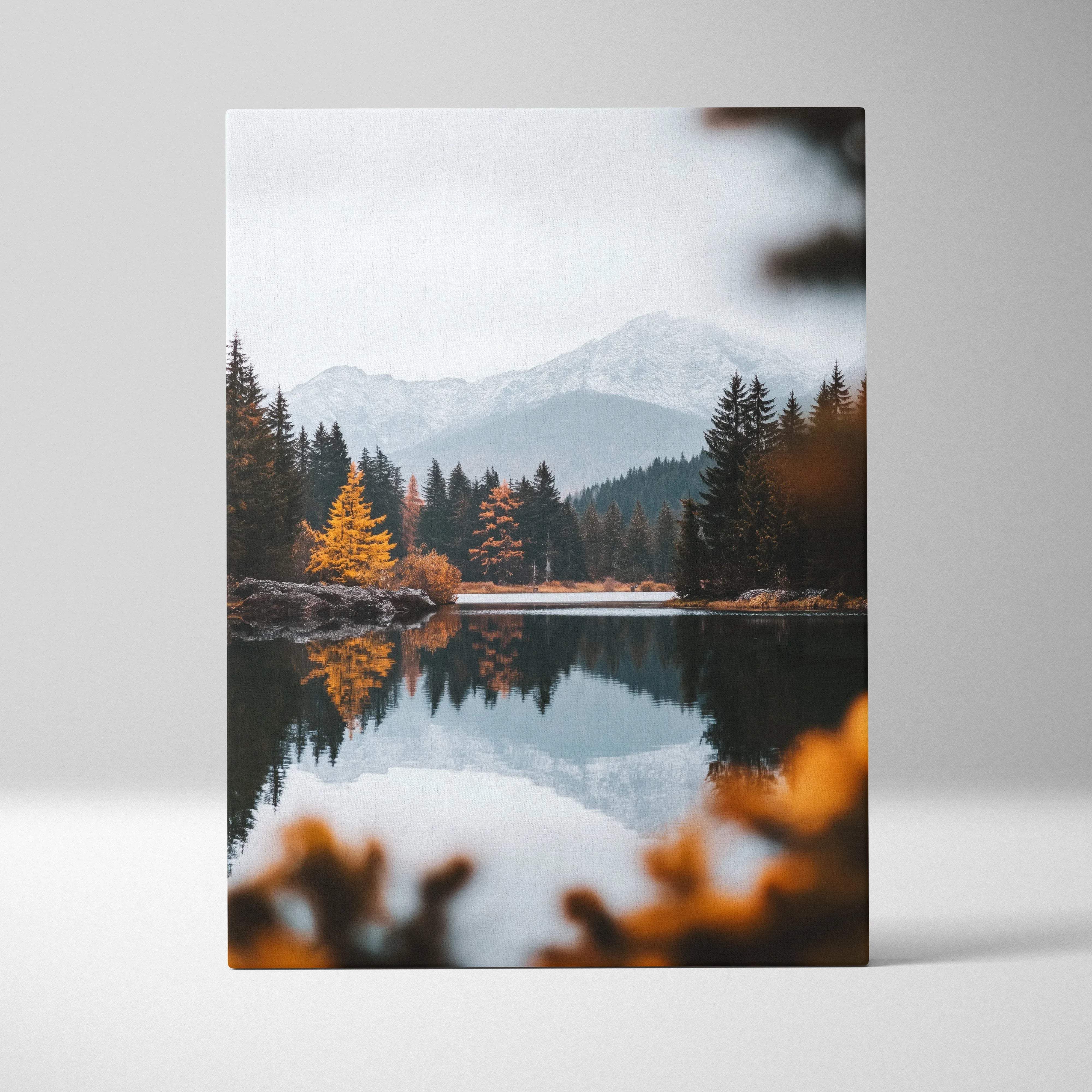 Serene canvas wall art of autumn trees, mountains, forest, reflective lake