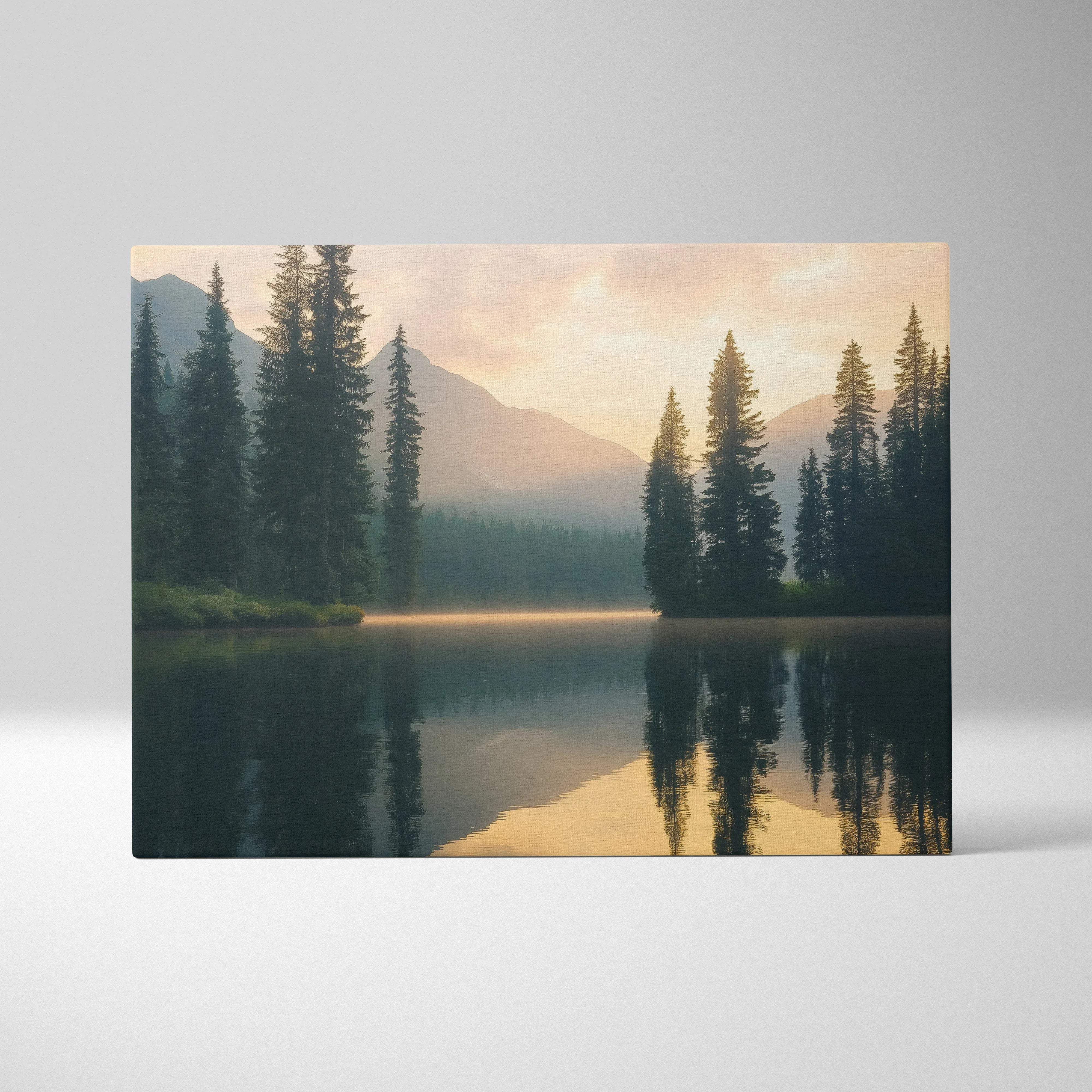 Serene mountain lake canvas wall art at golden hour sunset