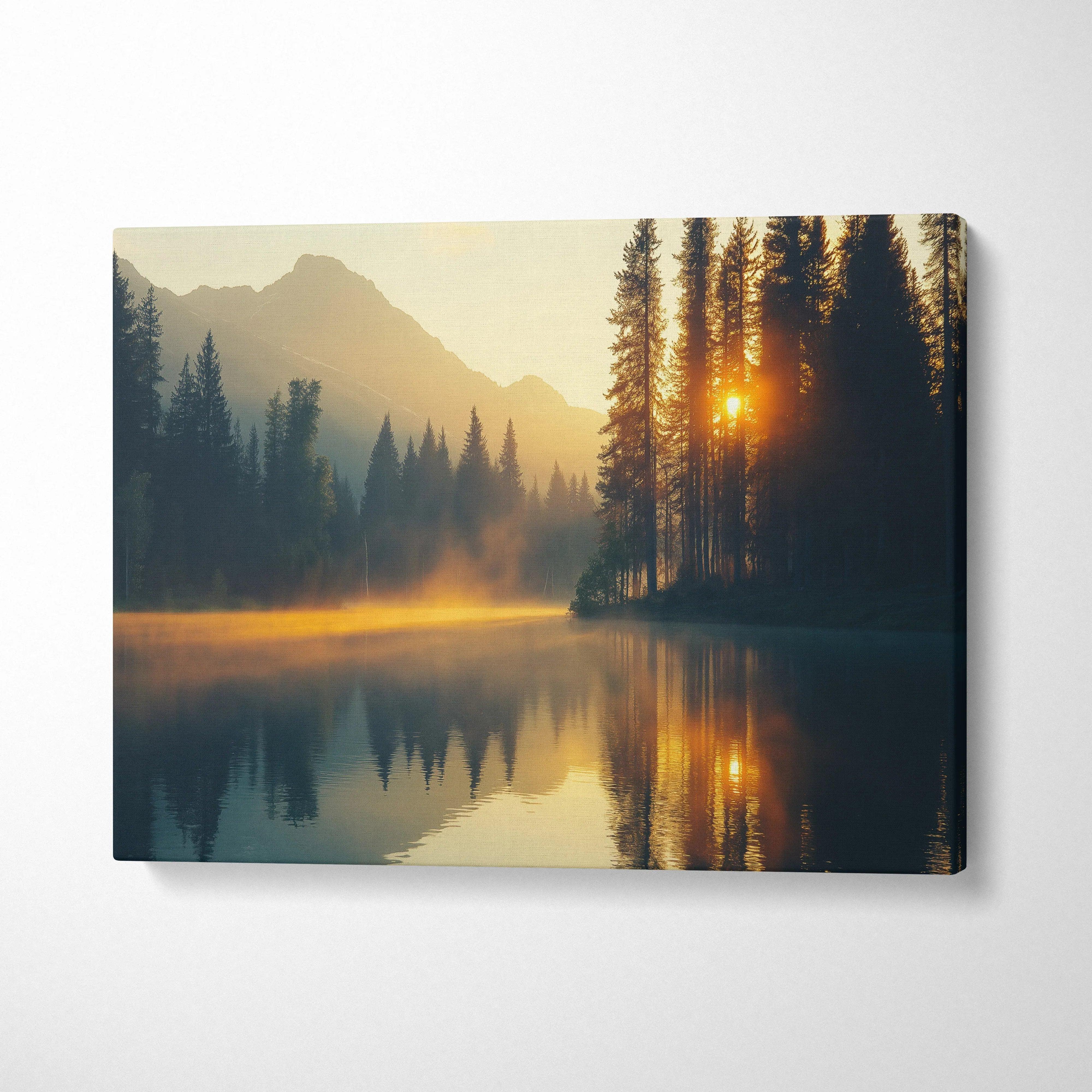 Canvas print of serene mountain lake at golden hour sunrise through pines