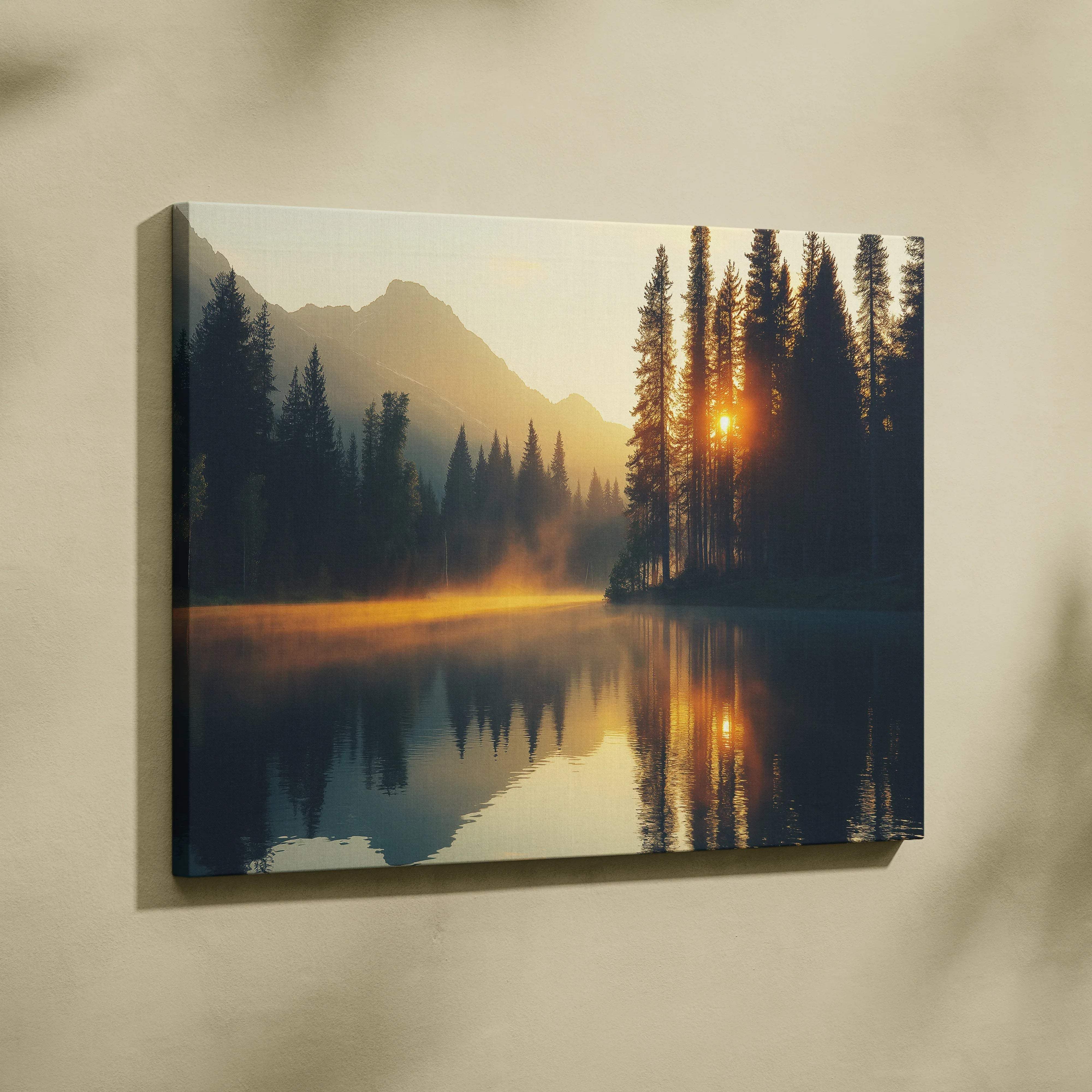 Canvas print of serene mountain lake at golden hour sunrise with silhouetted pines