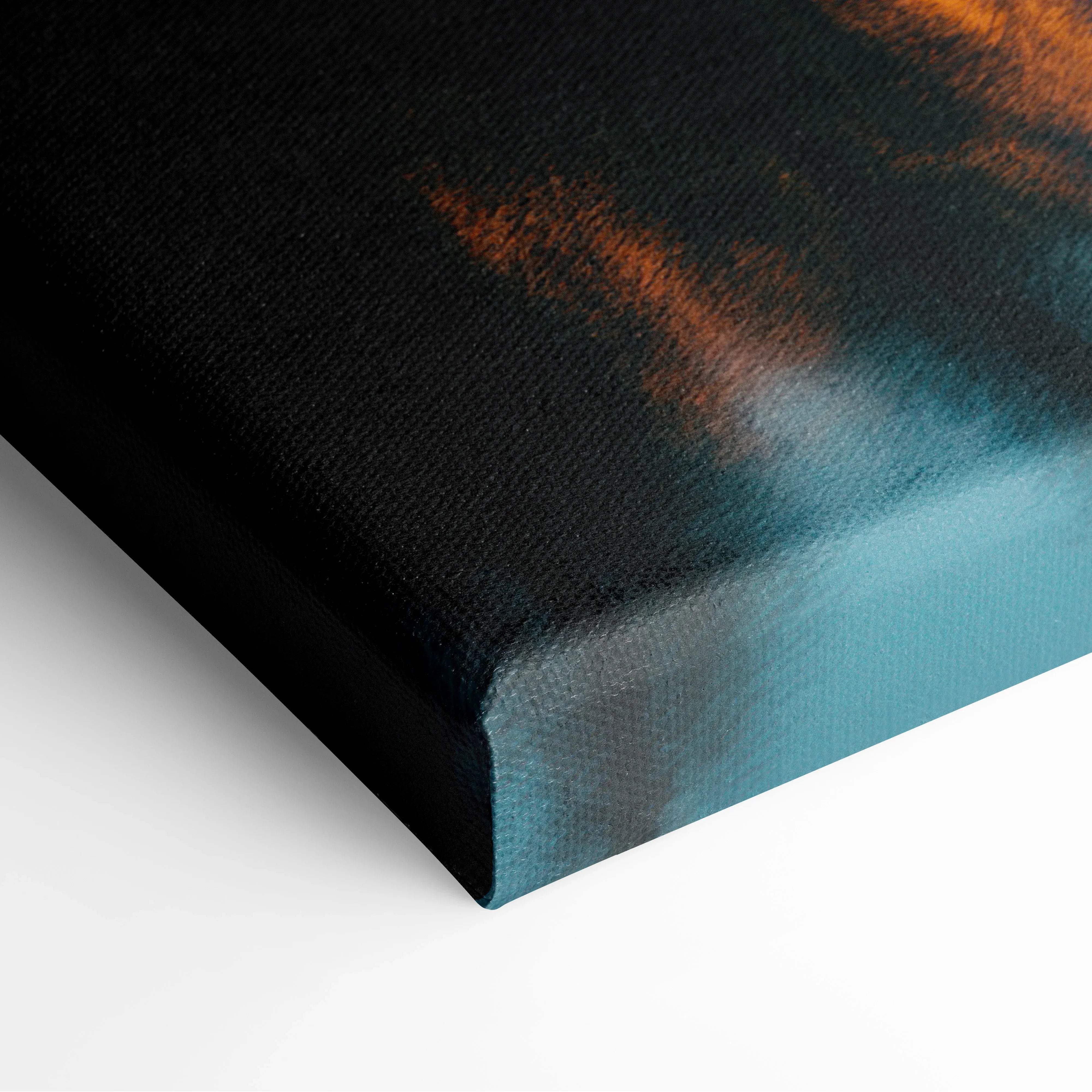 Textured canvas print of mountain landscape over still lake at golden hour