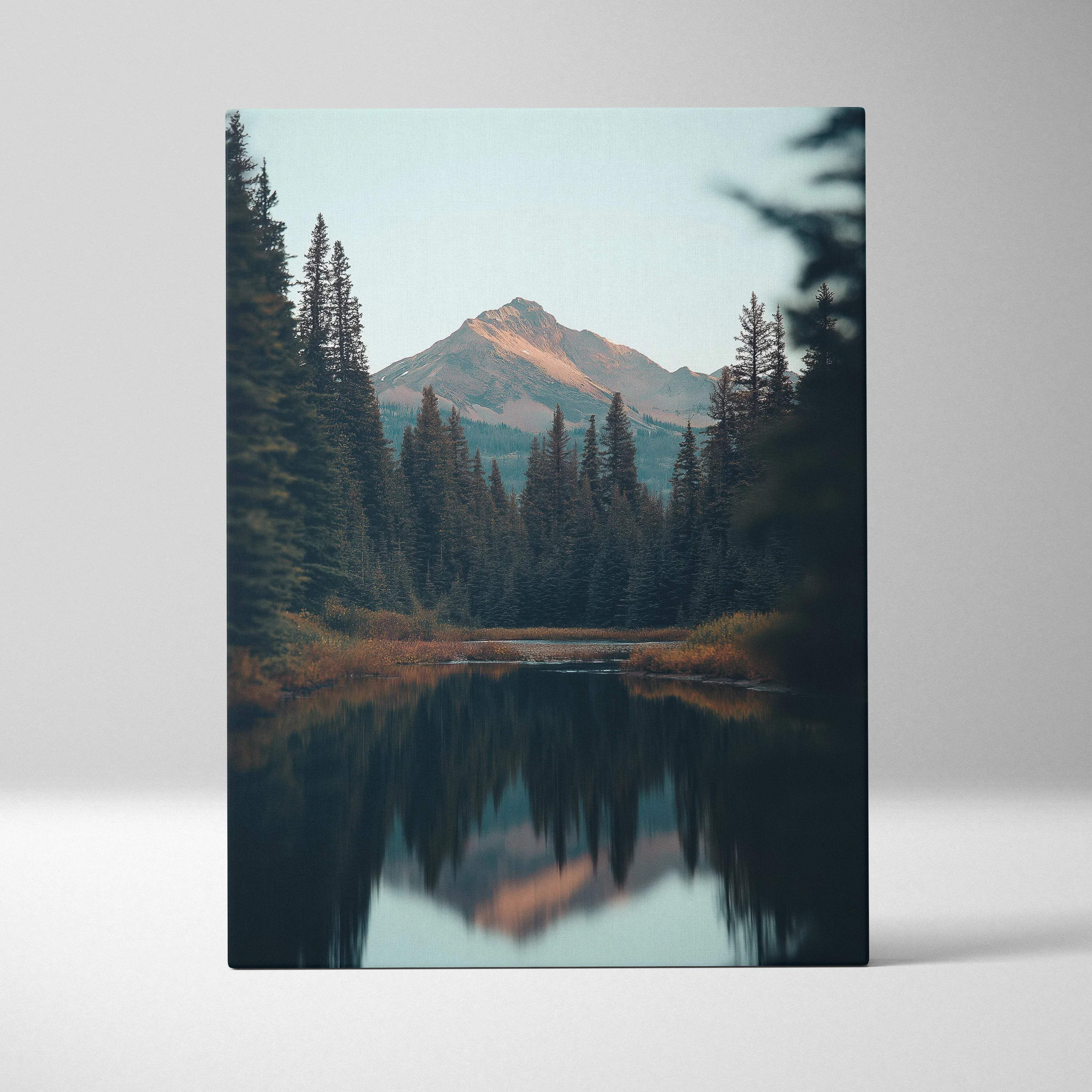 Serene canvas print of mountains in forest with twilight blues reflection