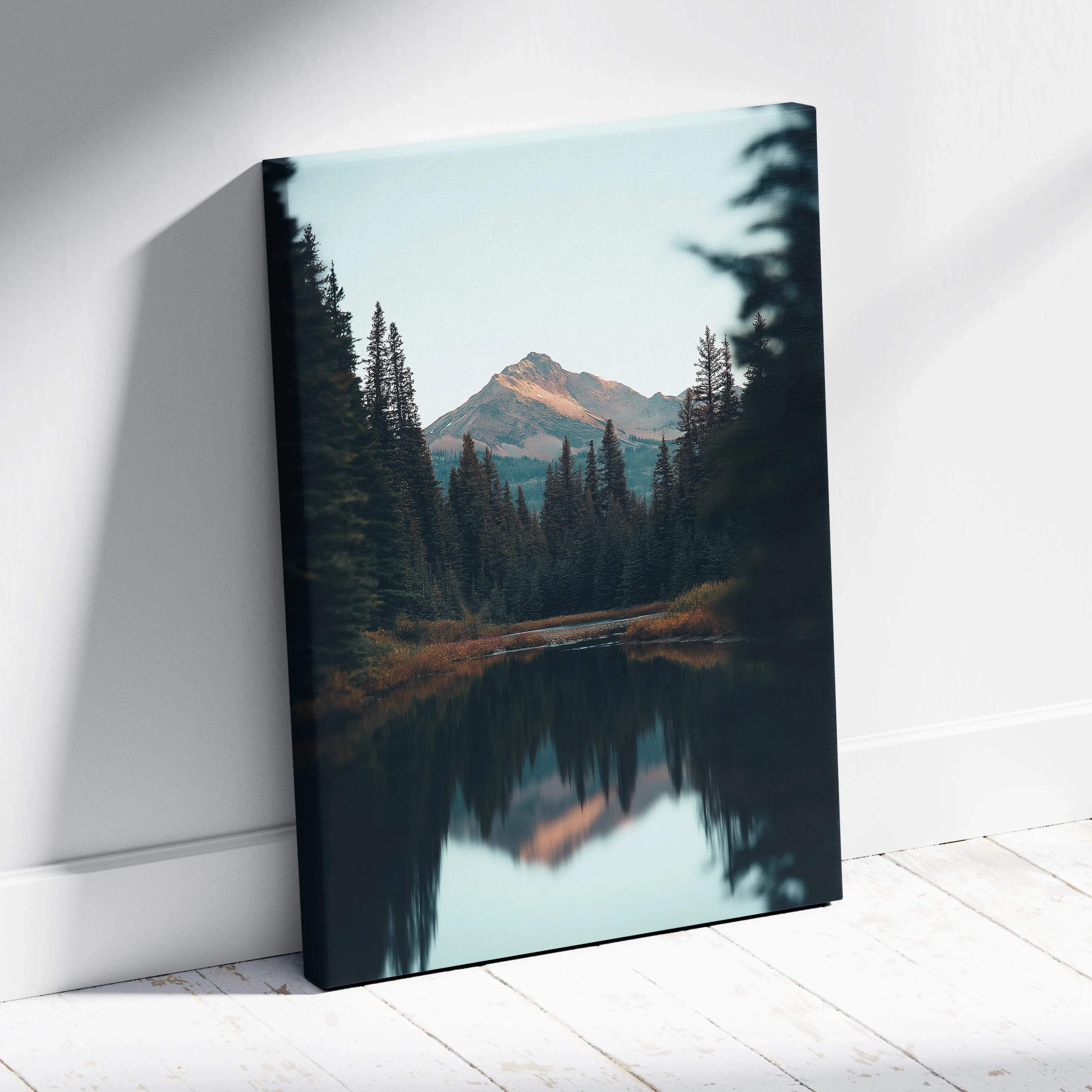 Serene canvas wall art of mountains, forest, lake in twilight blues