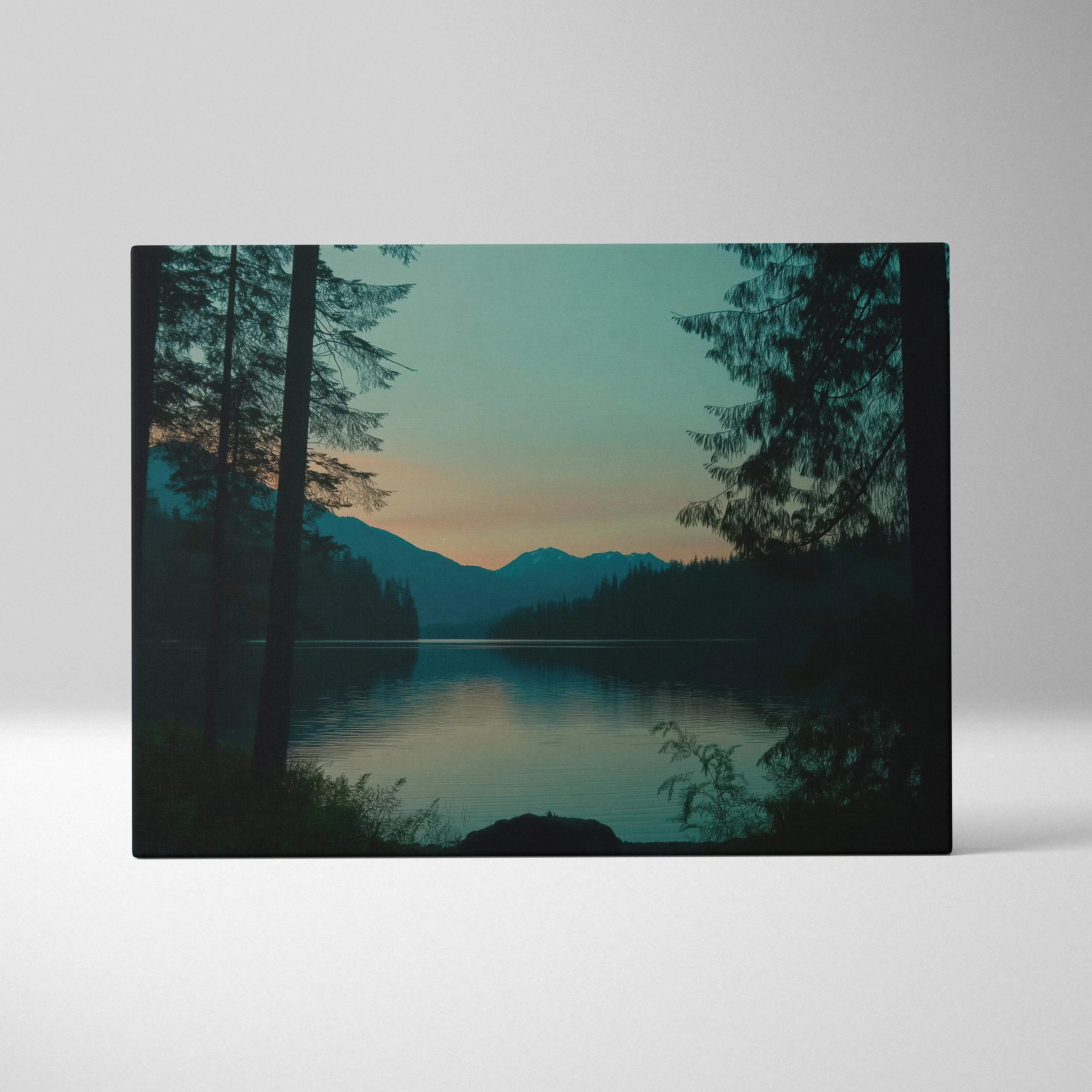 Serene lakeside canvas print with mountains, forest, dusk sunset mood