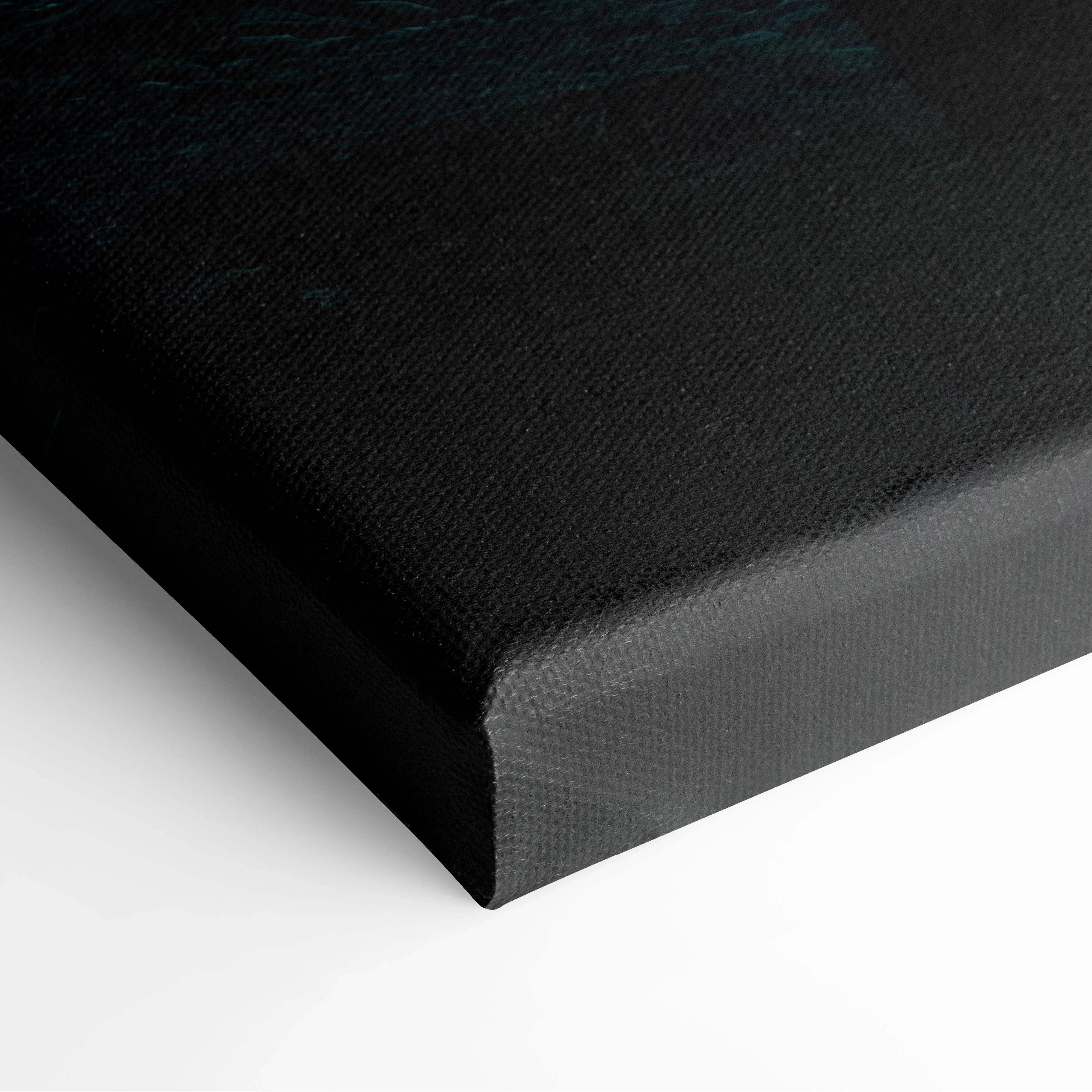 Black canvas print of tranquil mountains over still lake at dusk with teal texture