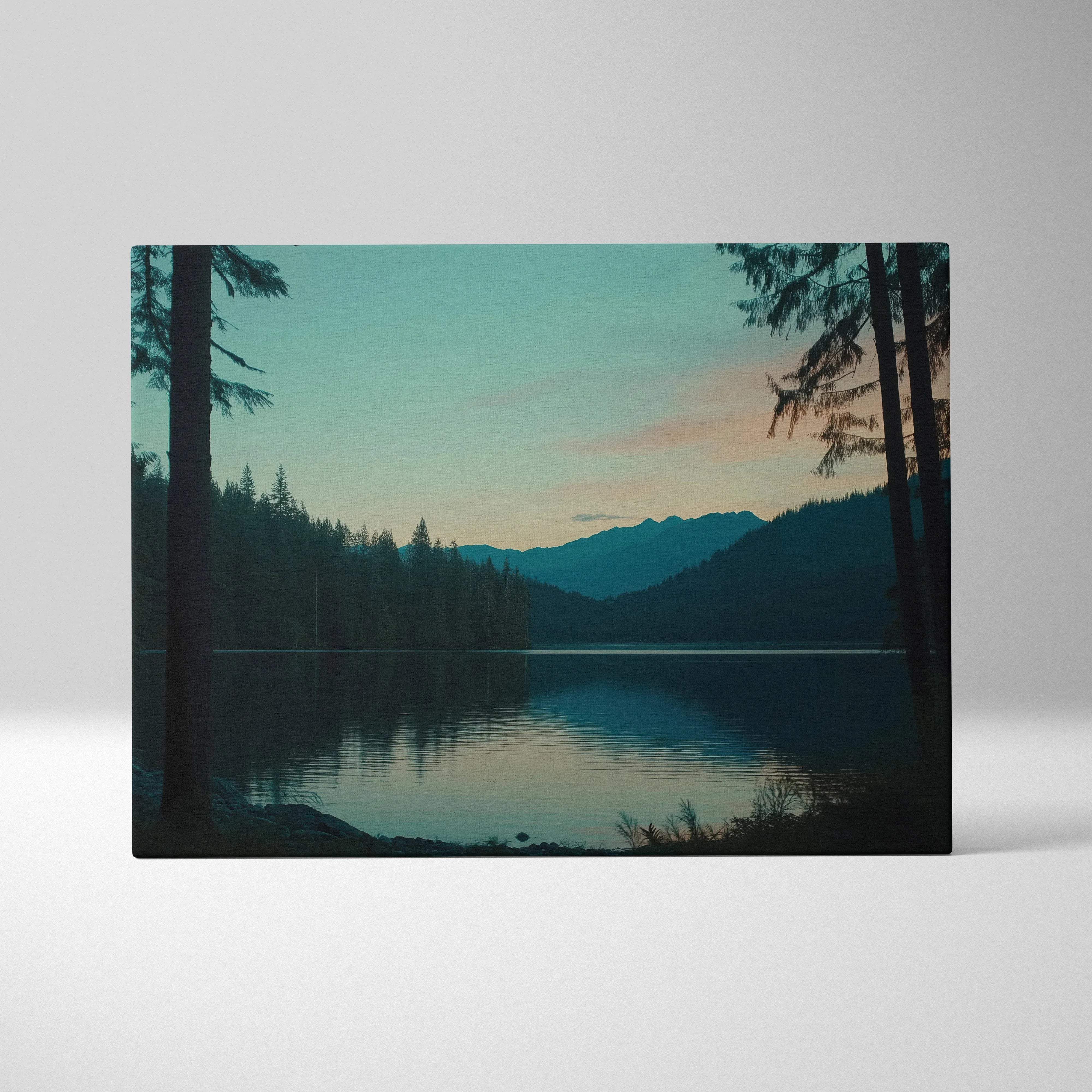 Tranquil canvas wall art of mountains over still lake at dusk blue hour