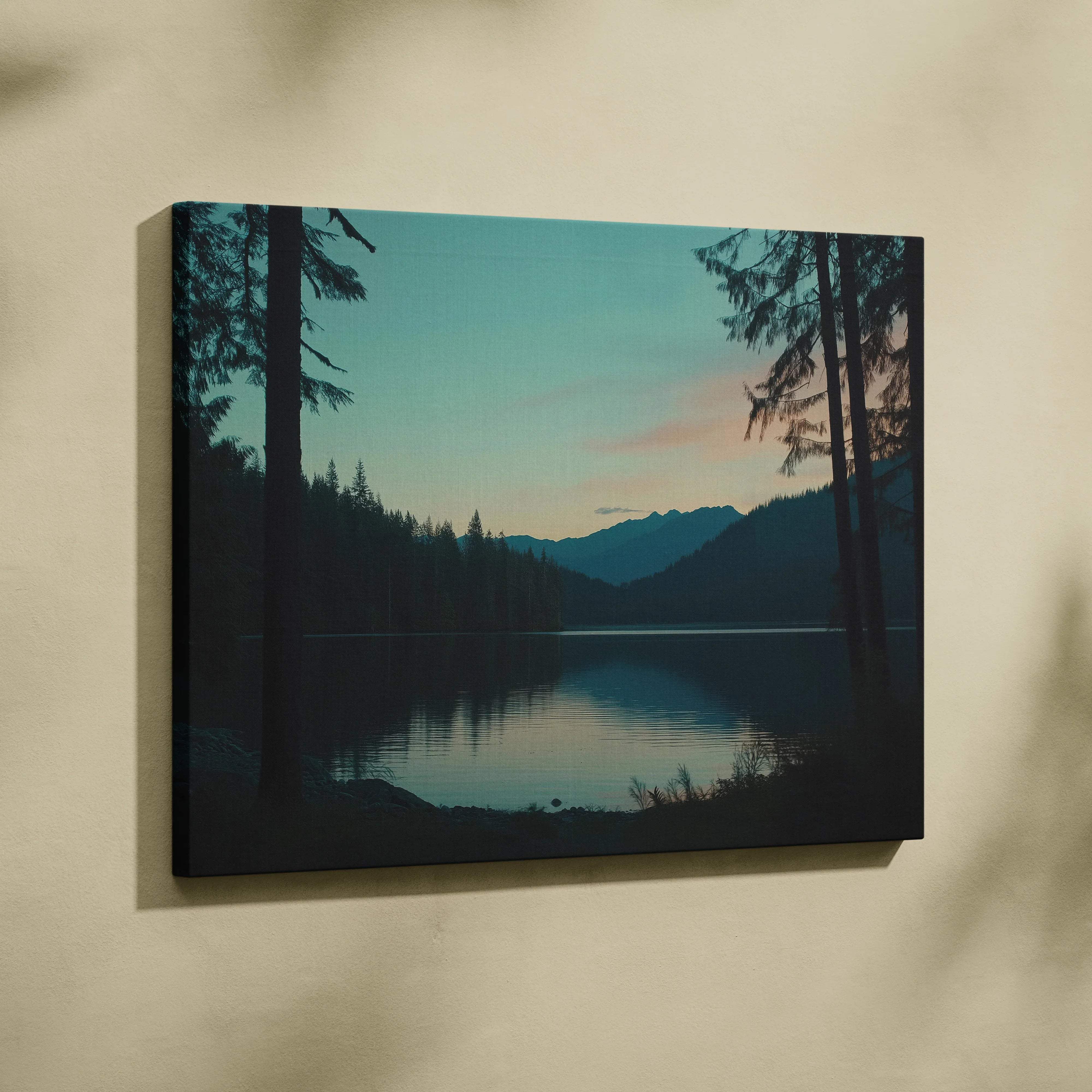 Canvas print of tranquil lakeside mountains at dusk blue hour