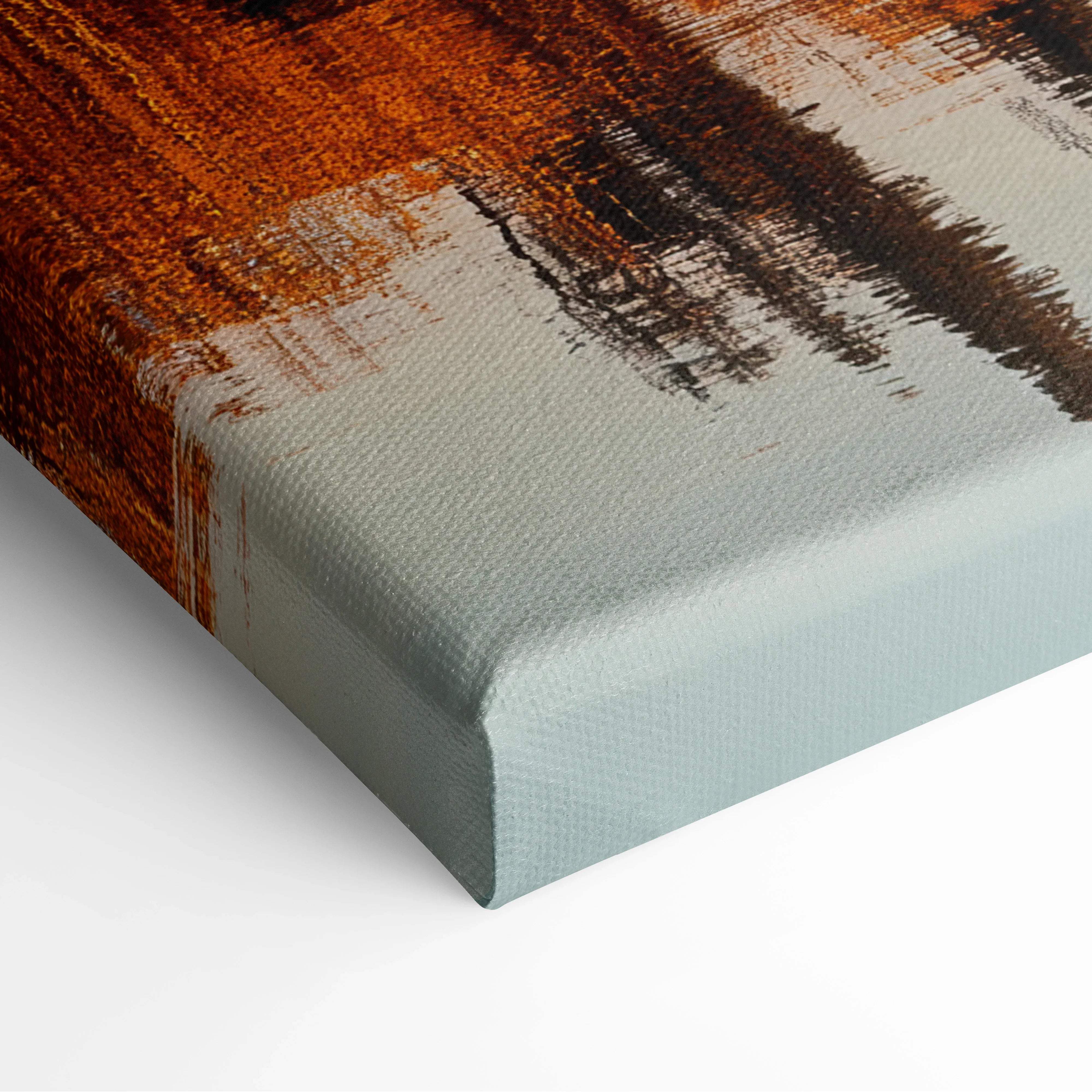 Textured canvas print of autumn mountains behind serene lake in rust-orange and gray-blue brushstrokes