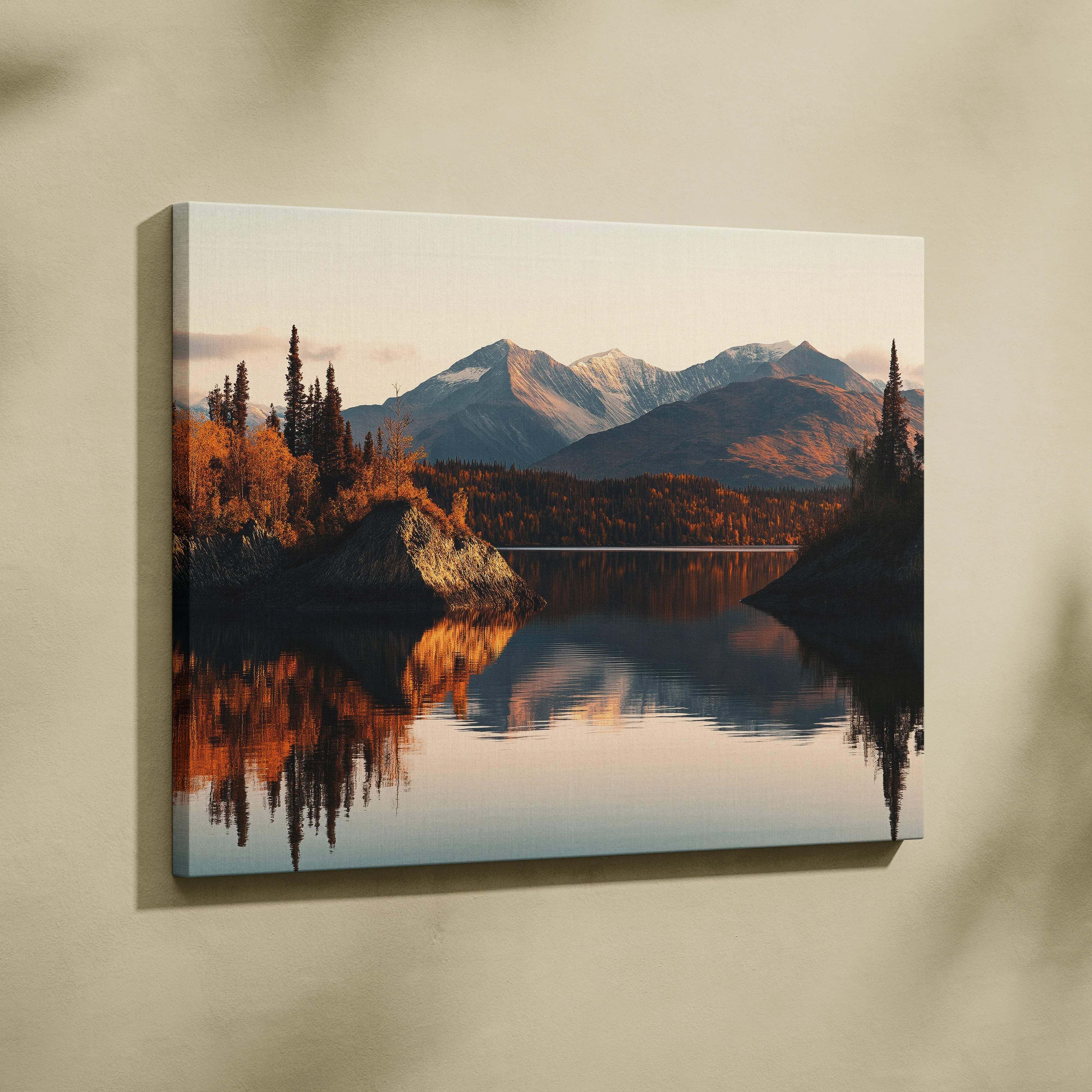 Serene canvas print of autumn mountains reflecting in still lake
