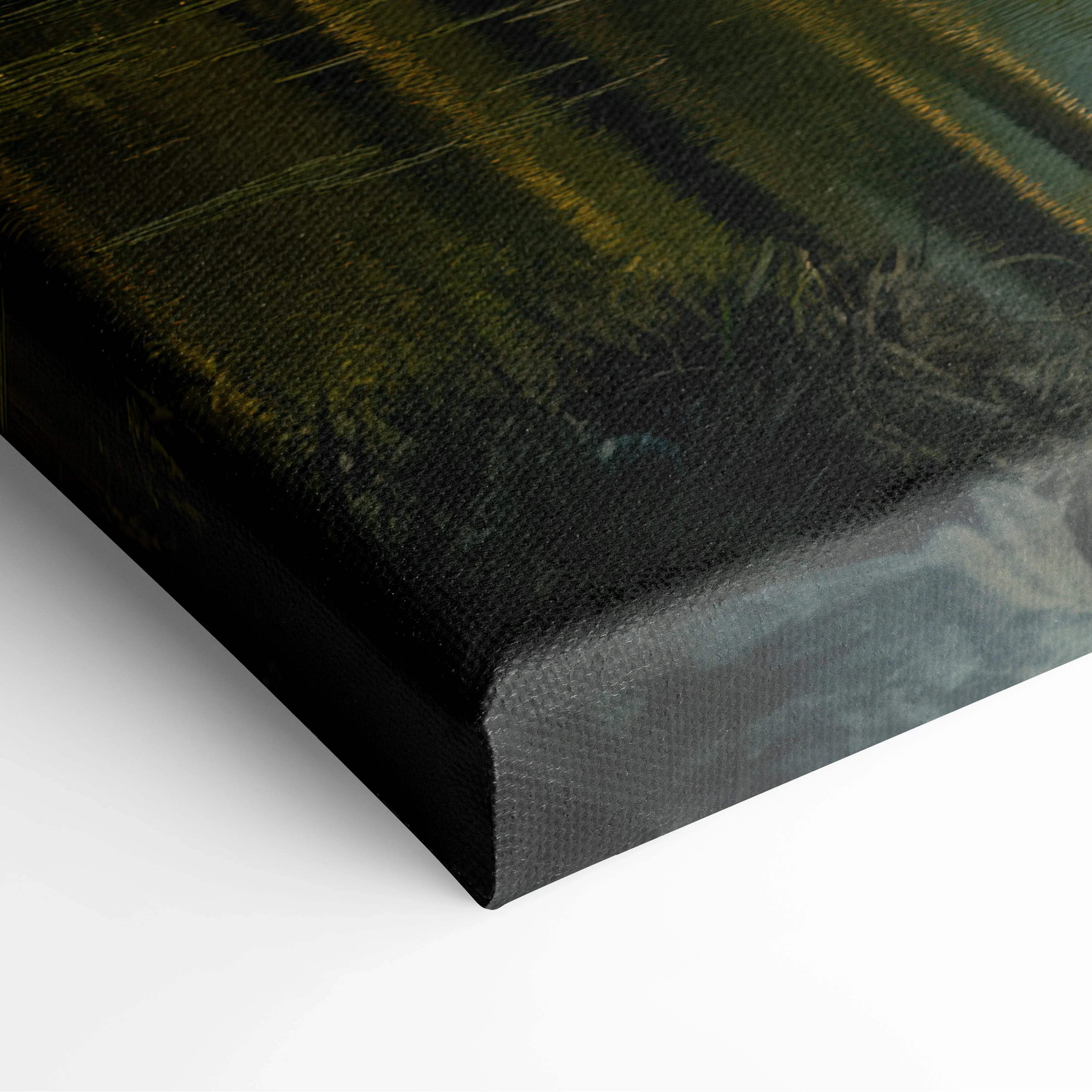 Canvas print of serene nature landscape with textured dark green black brushstrokes
