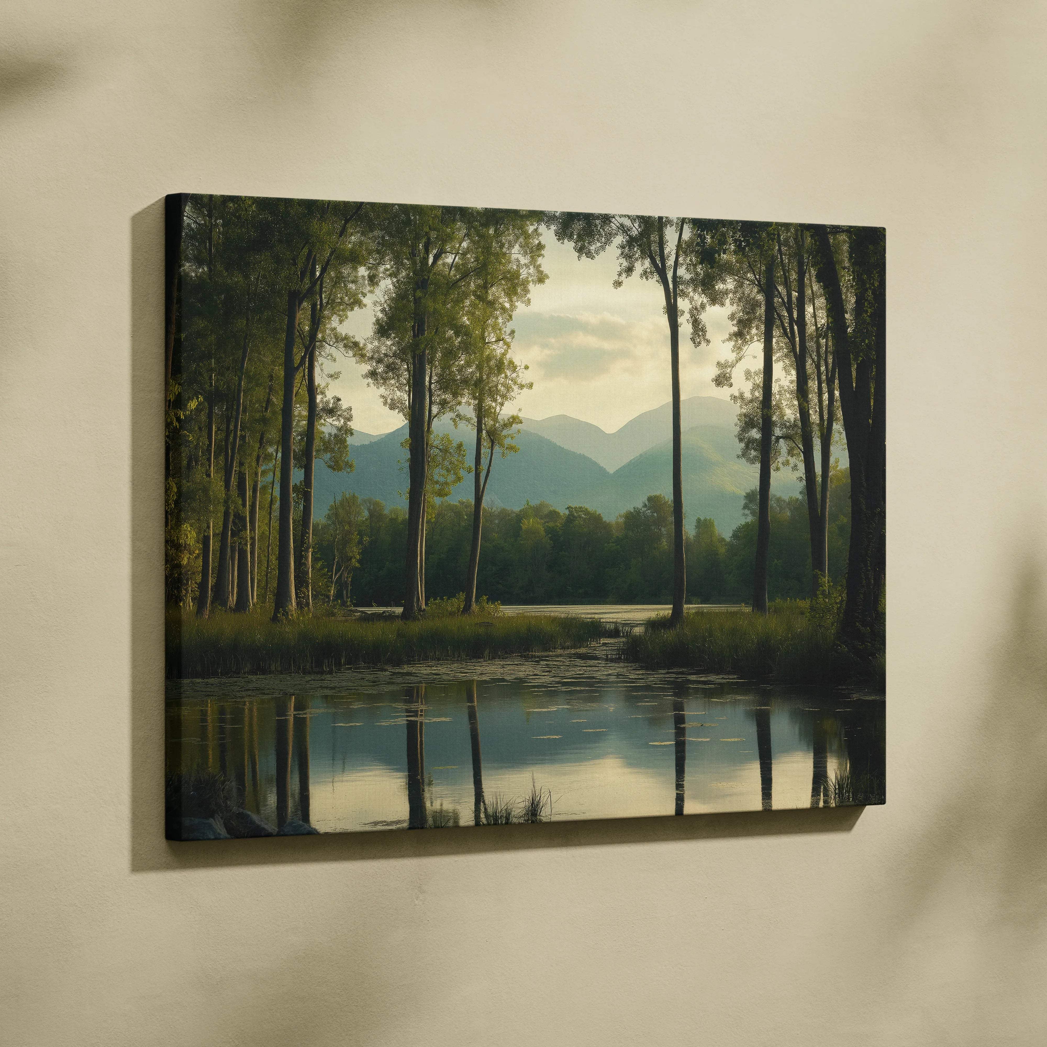 Serene forest lake canvas art with mountains, calming greens and blues
