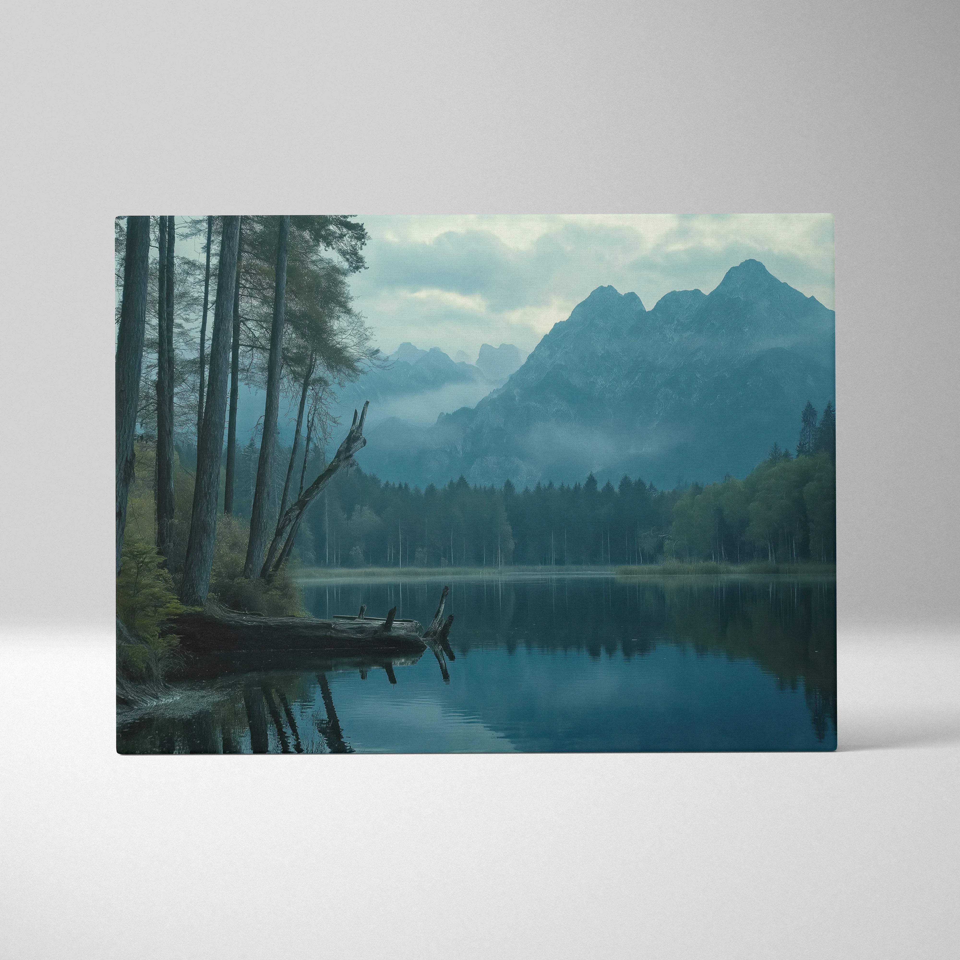Serene mountain lake canvas wall art in cool blue tones