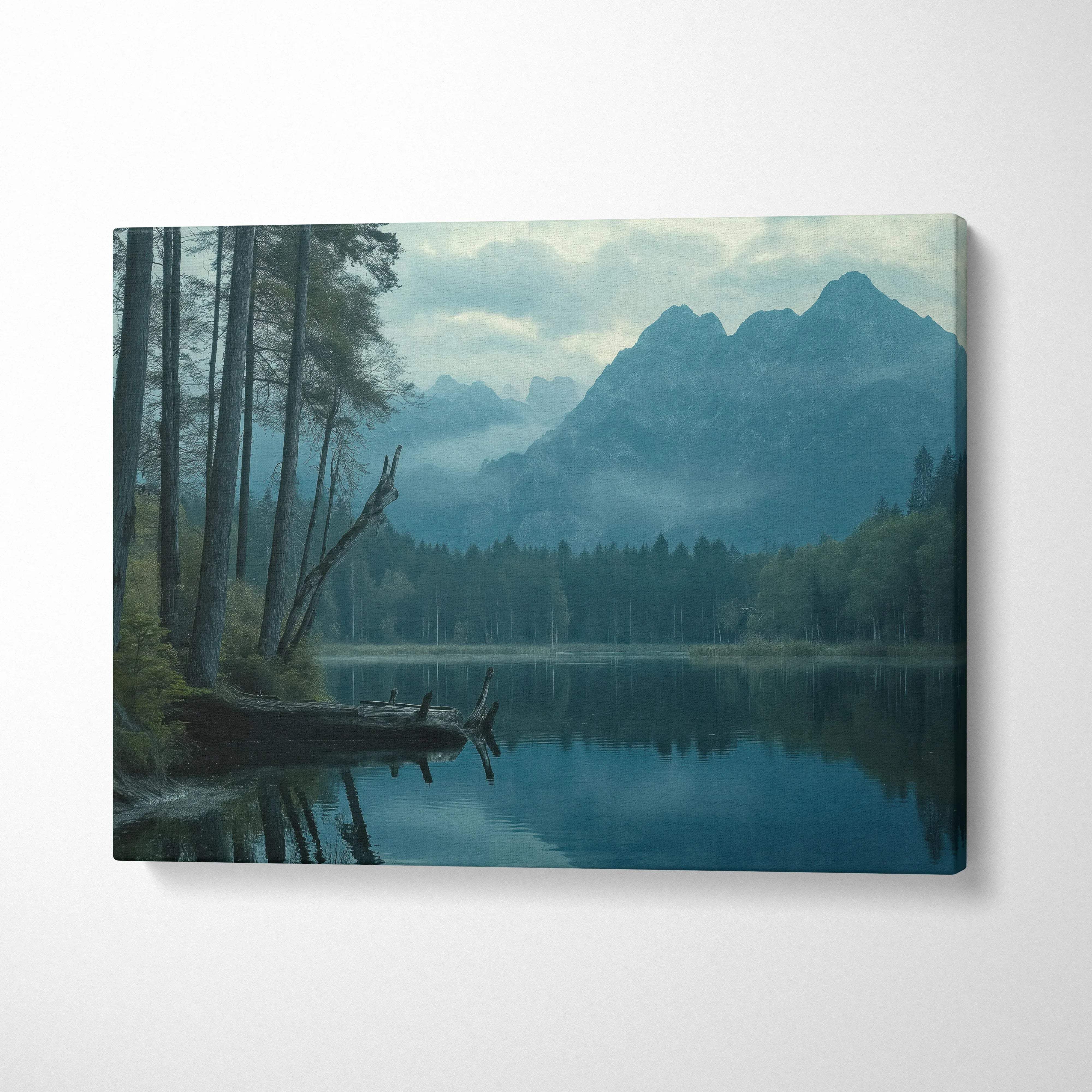 Blue-toned mountain lake landscape canvas wall art print