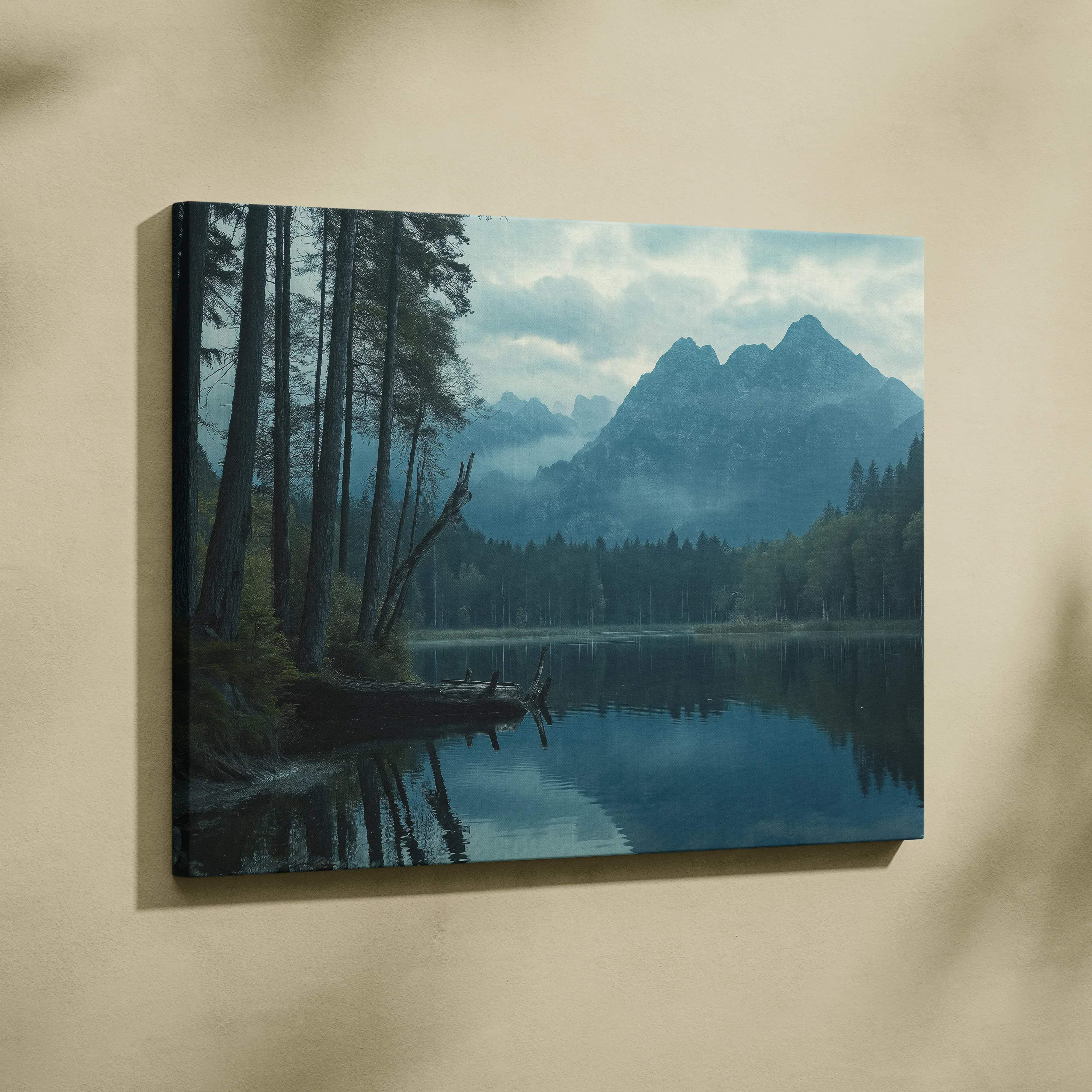 Blue-toned mountain lake landscape on serene canvas wall art