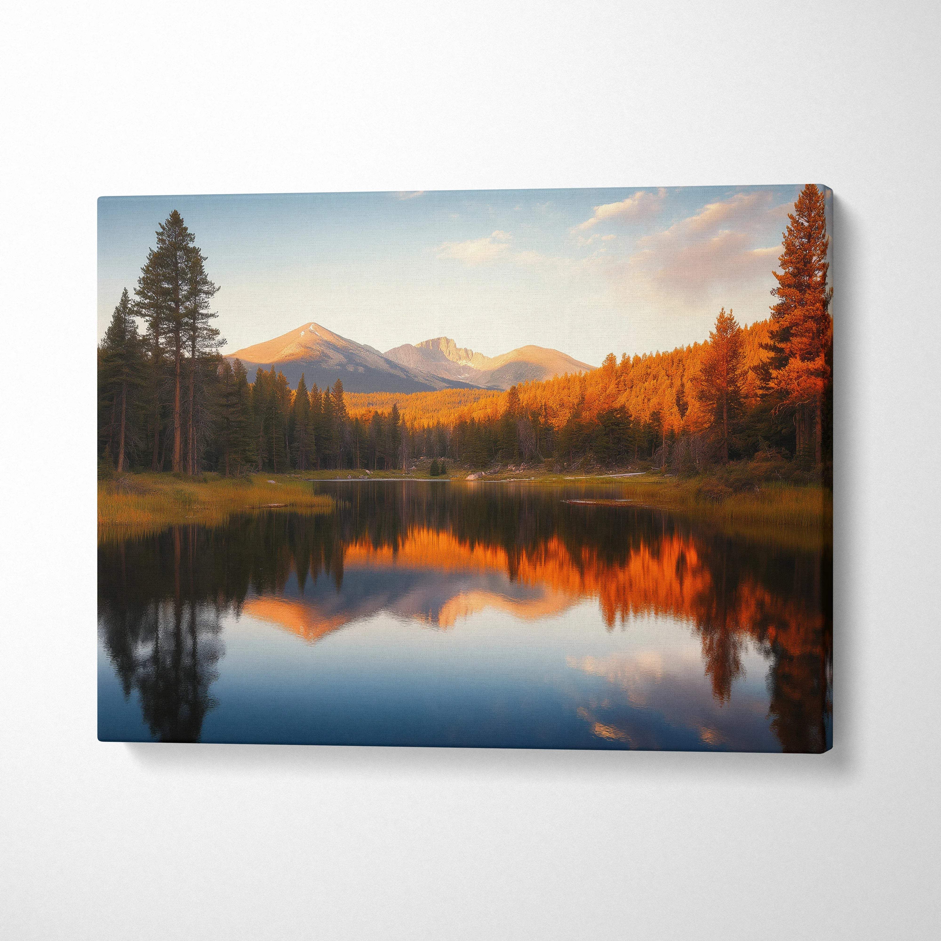 Canvas wall art of serene mountain lake with golden autumn warmth
