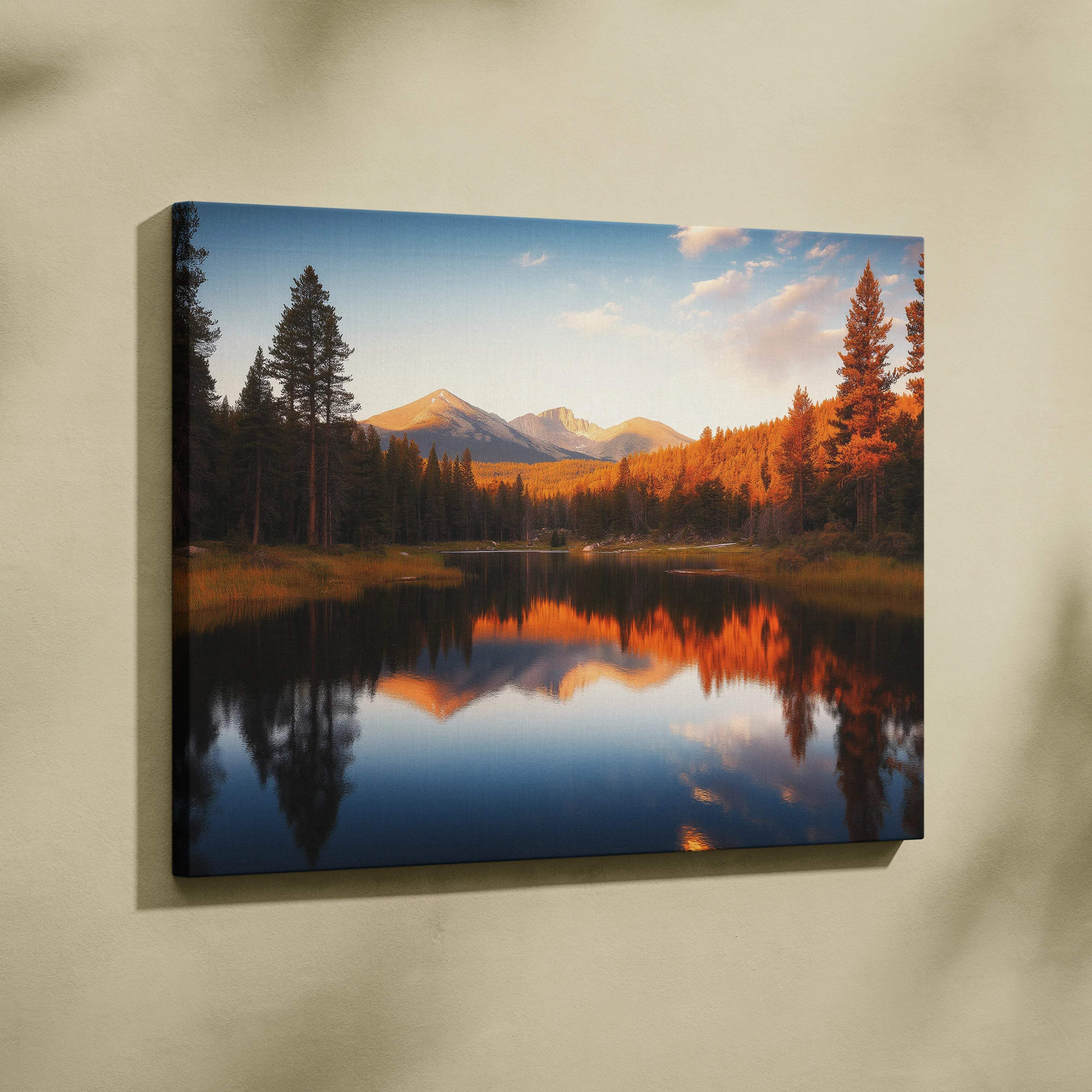Canvas print of serene mountain lake with pines, peaks, golden hour autumn warmth