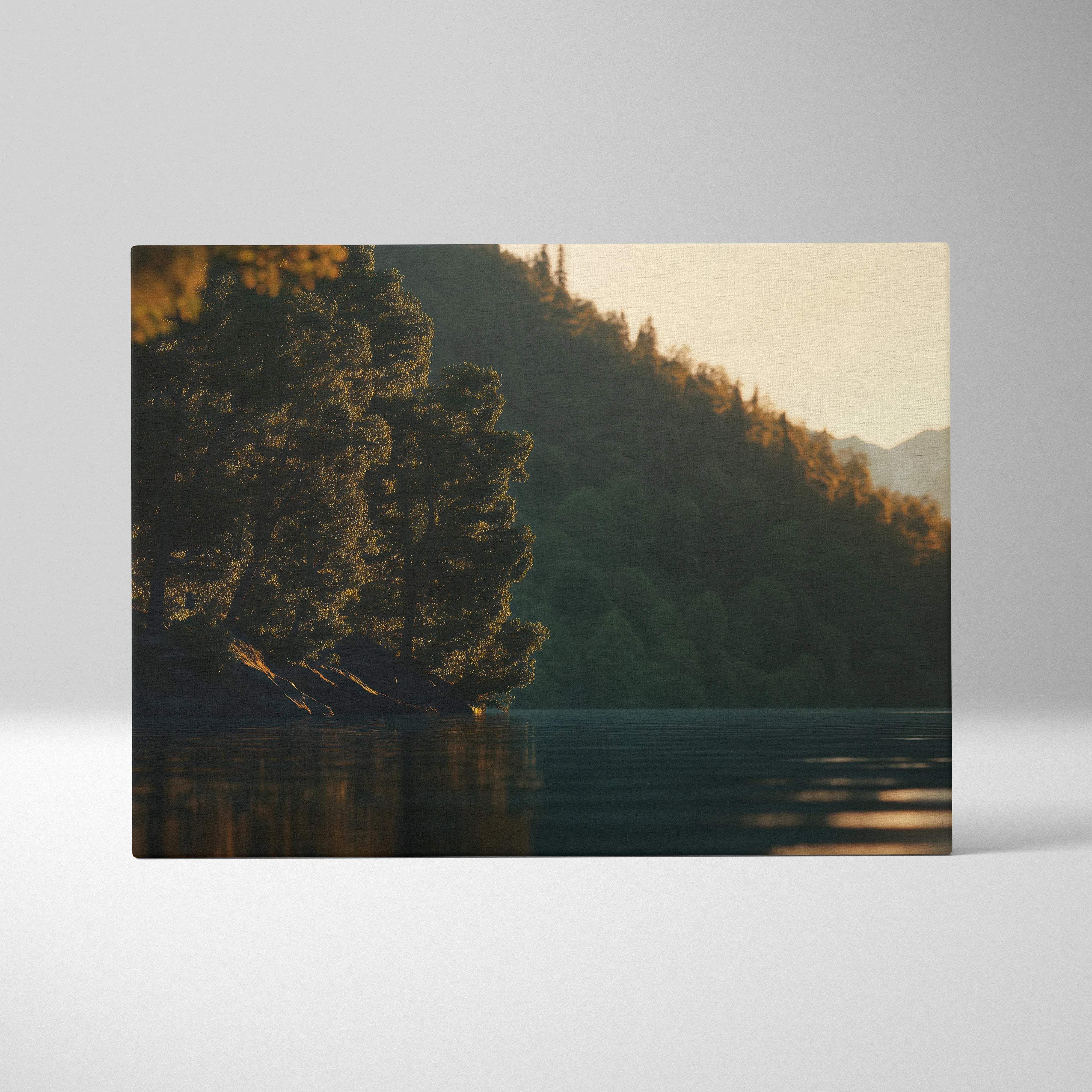 Serene lake canvas wall art with mountains at golden hour