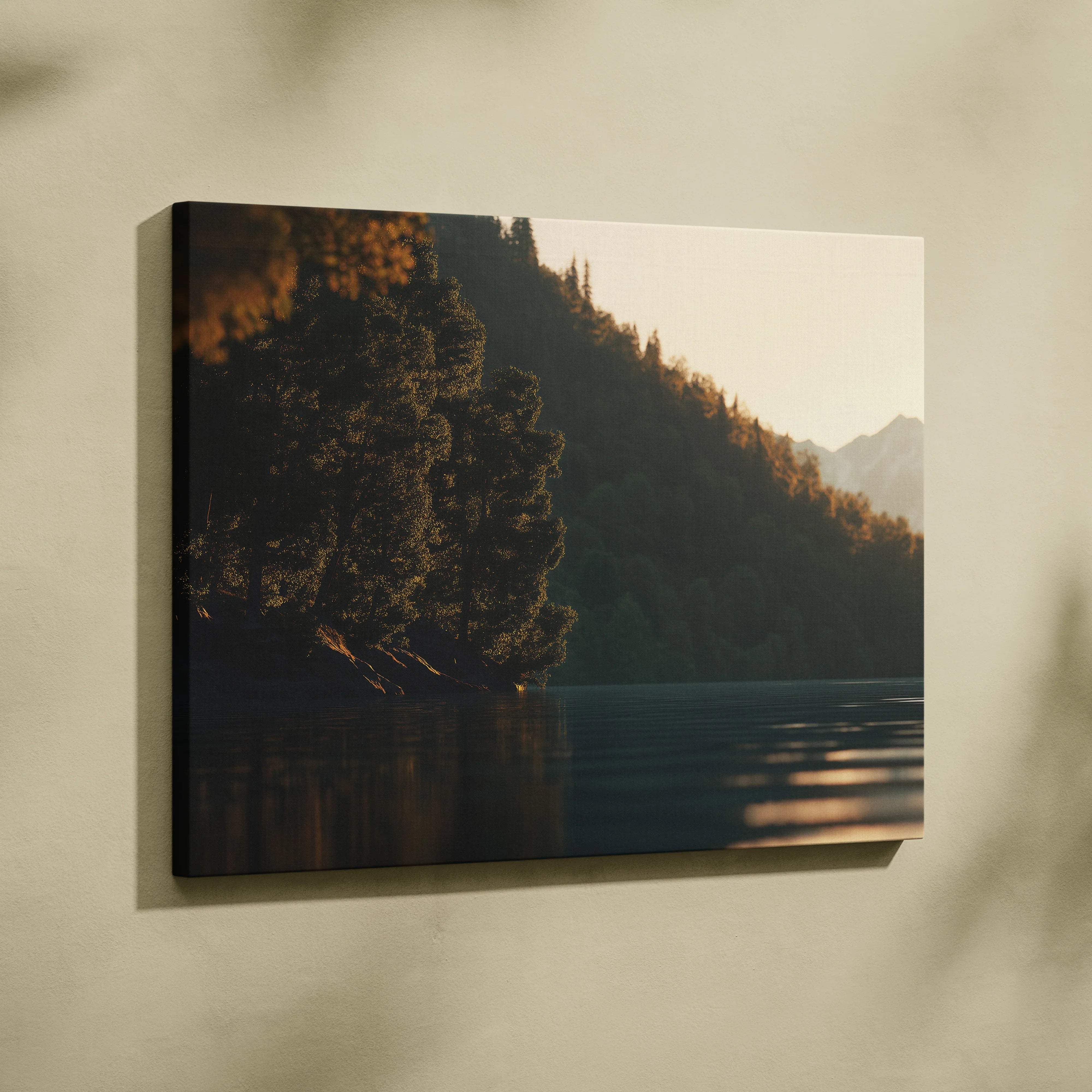 Framed serene lakeside canvas wall art with mountains, still lake, golden hour light