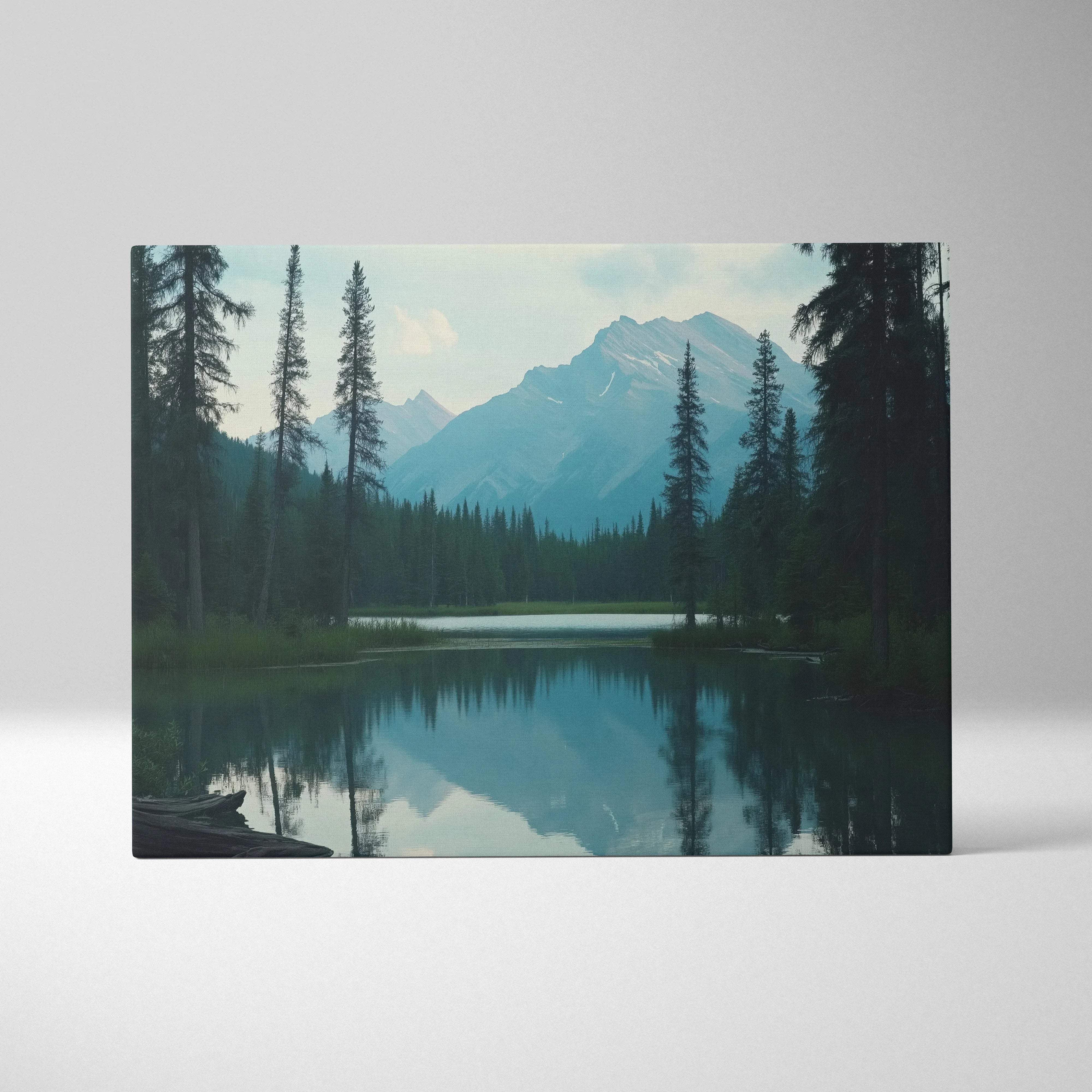 Canvas print of serene mountain lake with evergreens and snow peaks in calm blue tones