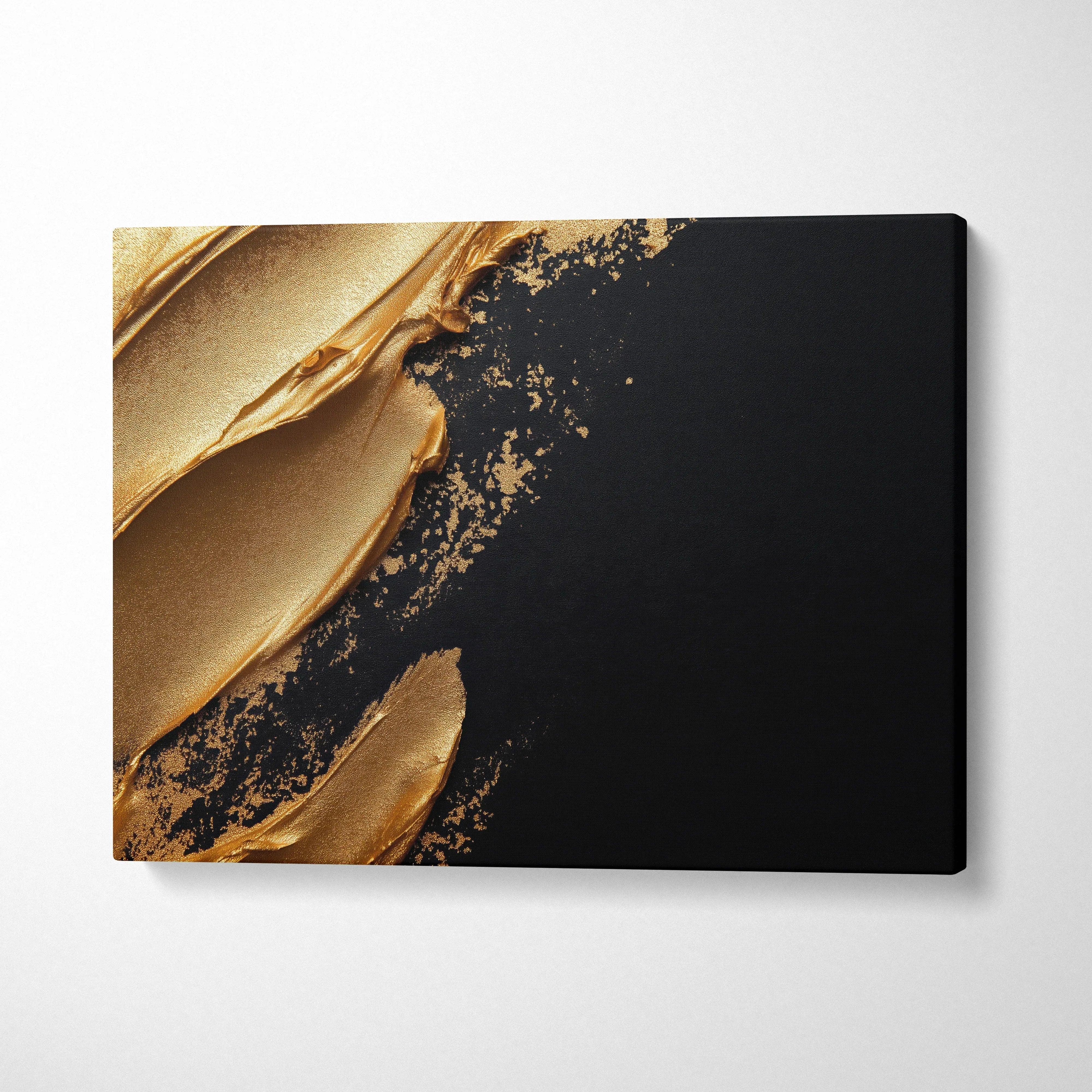 Abstract black and gold brushstroke digital art on modern canvas wall art panel.