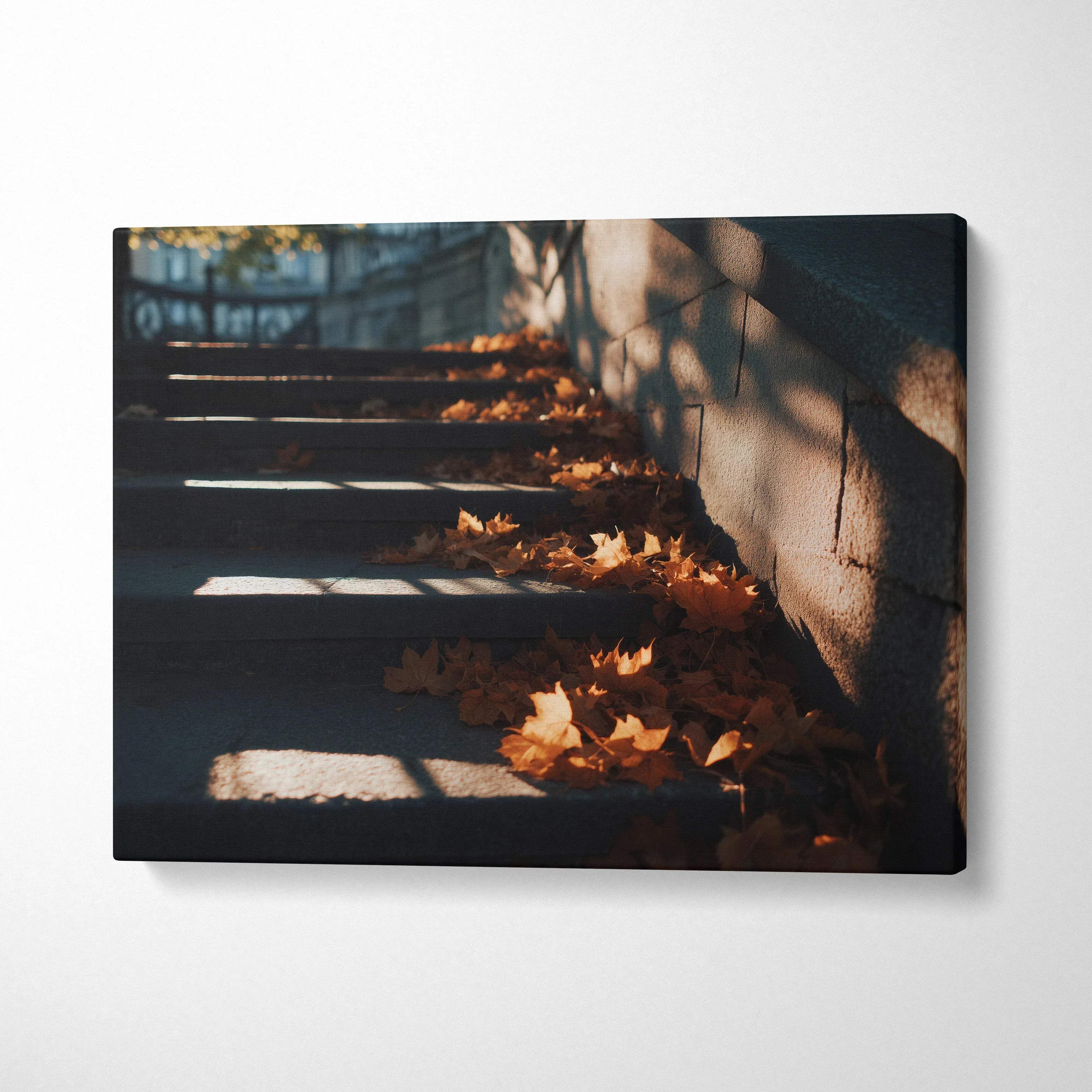 Autumn leaves on stone steps with sunlight and shadows, vibrant canvas wall art.