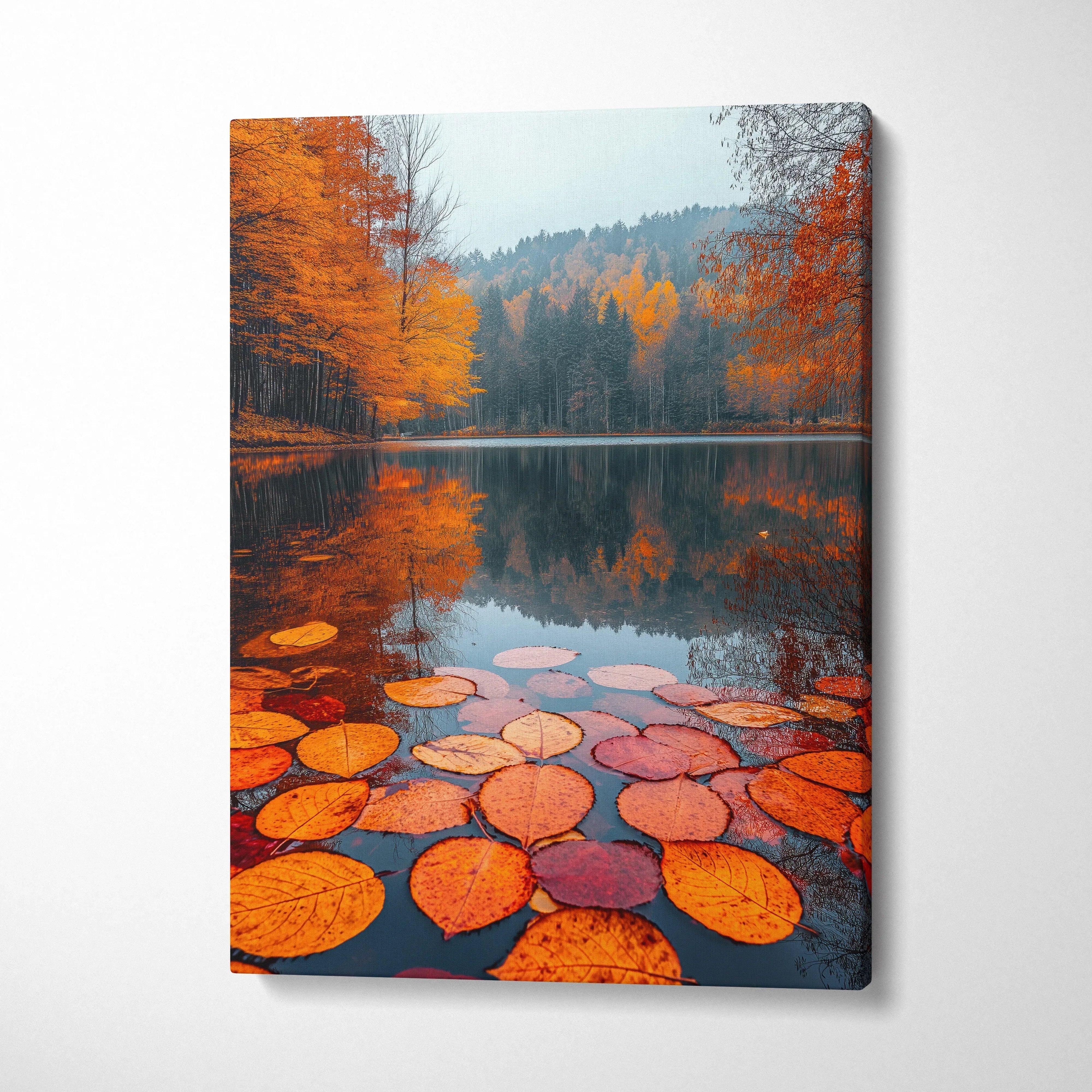 Vertical canvas art of vibrant orange autumn leaves floating on calm lake with forest and hills reflection.