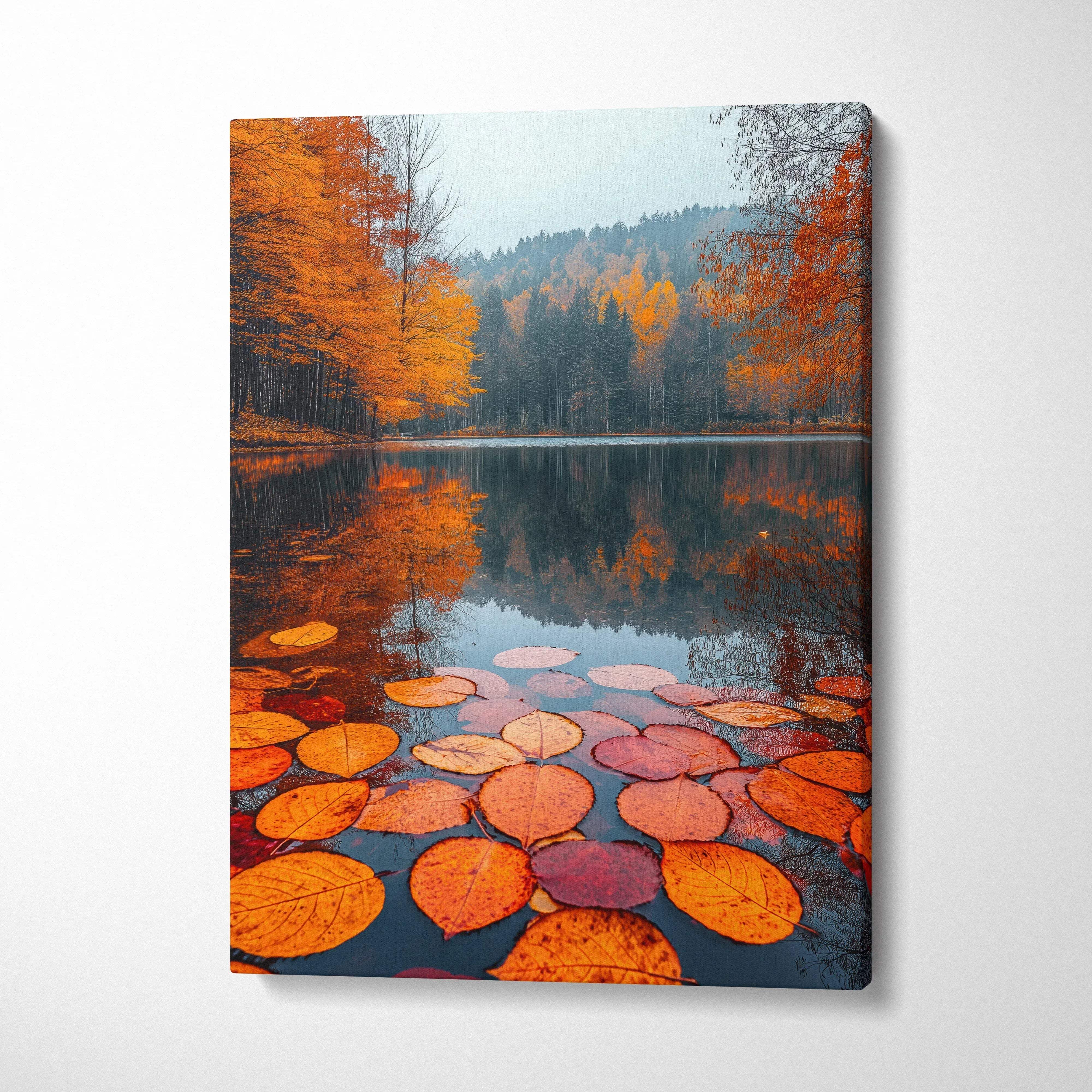 Vertical canvas art of vibrant orange autumn leaves floating on calm lake with forest and hills reflection.