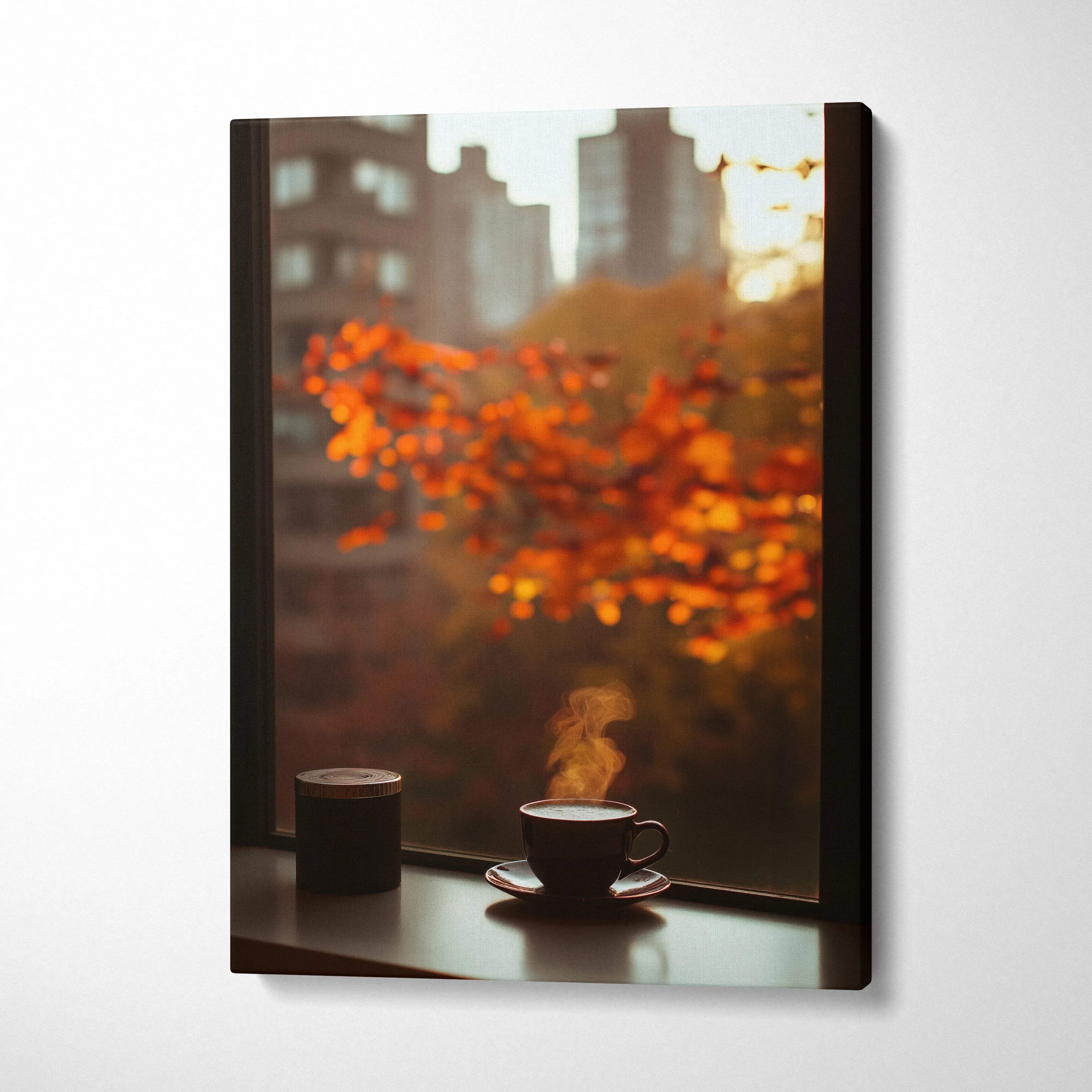 Vertical canvas wall art featuring steaming coffee cups against vivid autumn leaves with cityscape background decor.