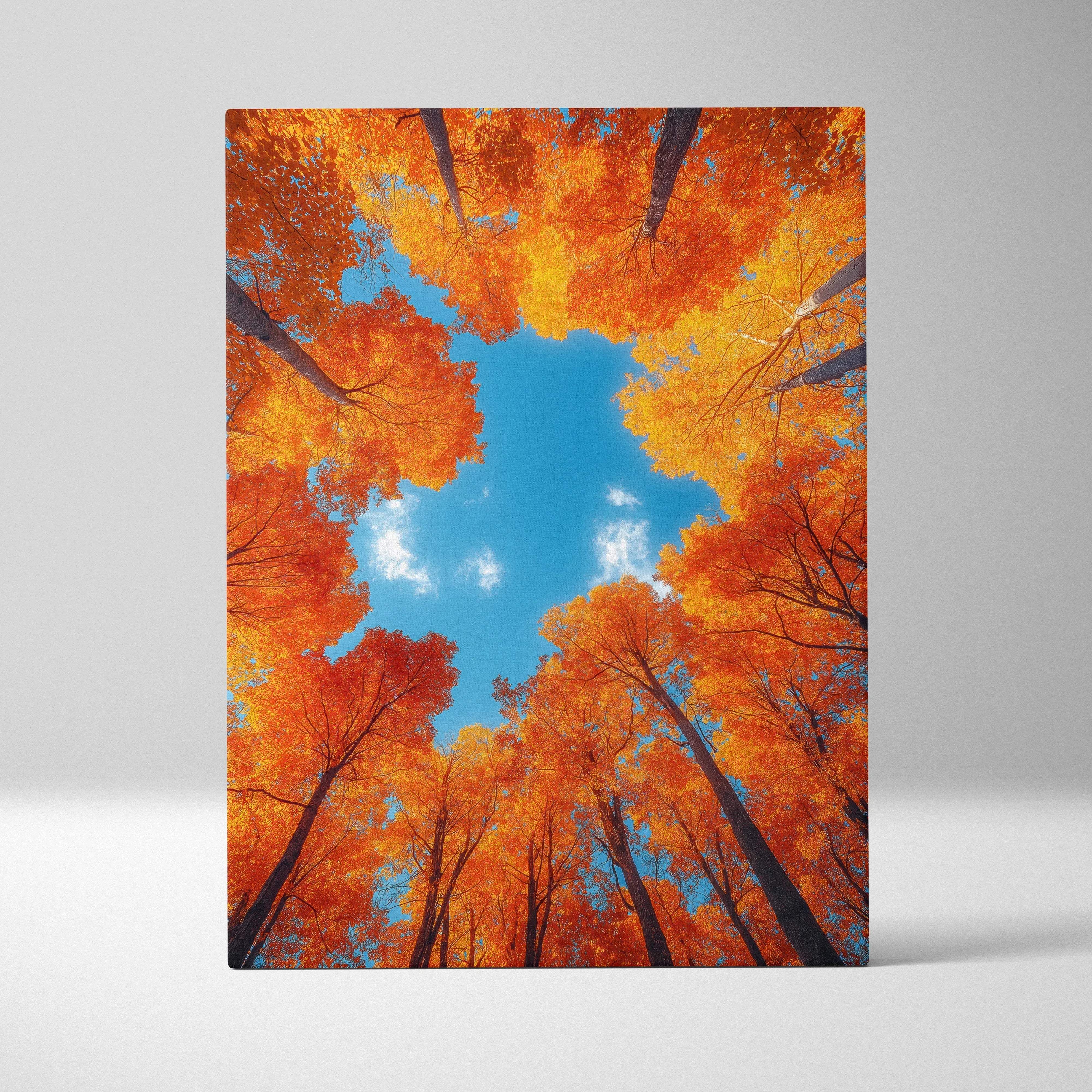 Autumn forest canopy treetop view canvas wall art with vibrant orange leaves against a clear blue sky backdrop