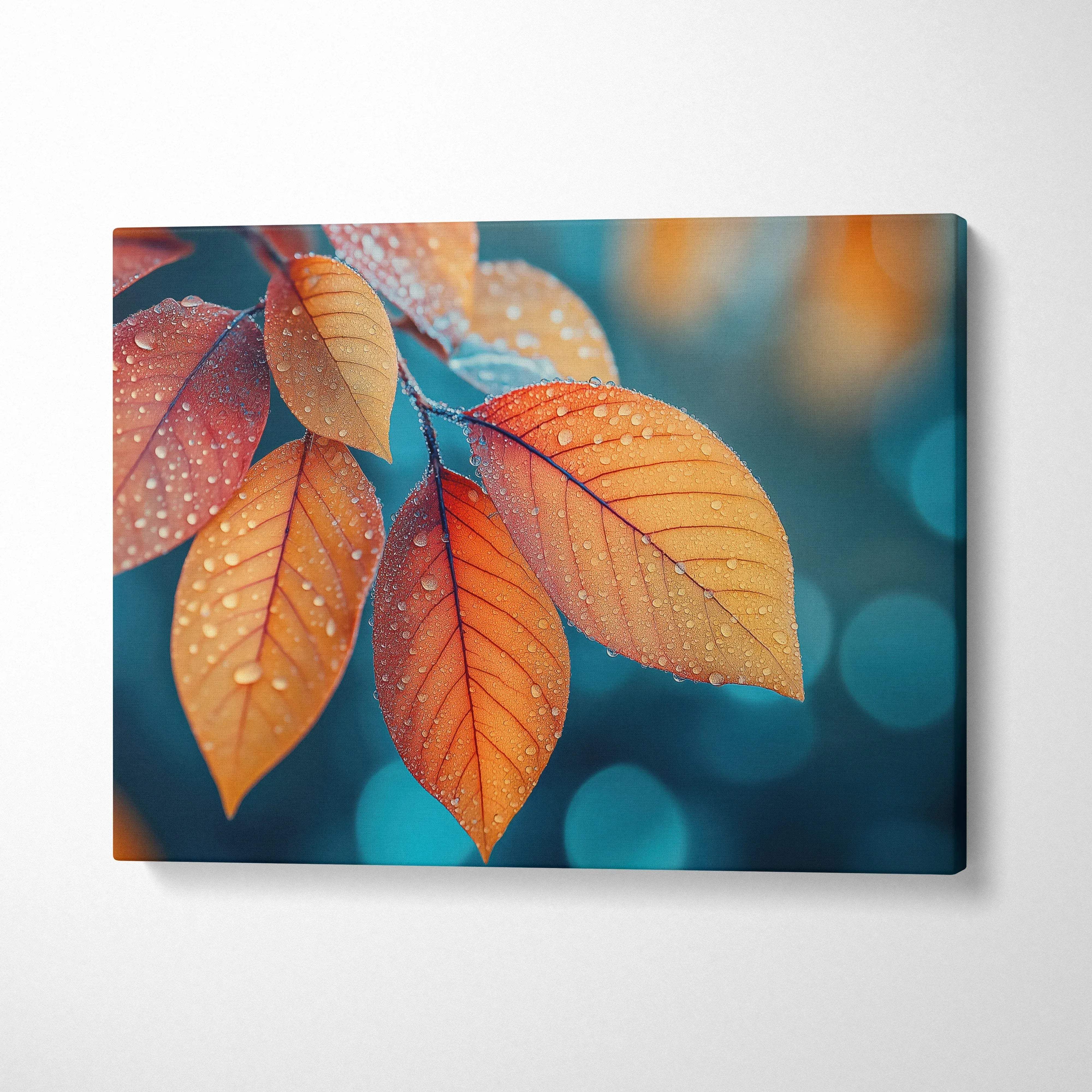 Autumn leaves with water droplets in orange and gold on blue background canvas wall art.