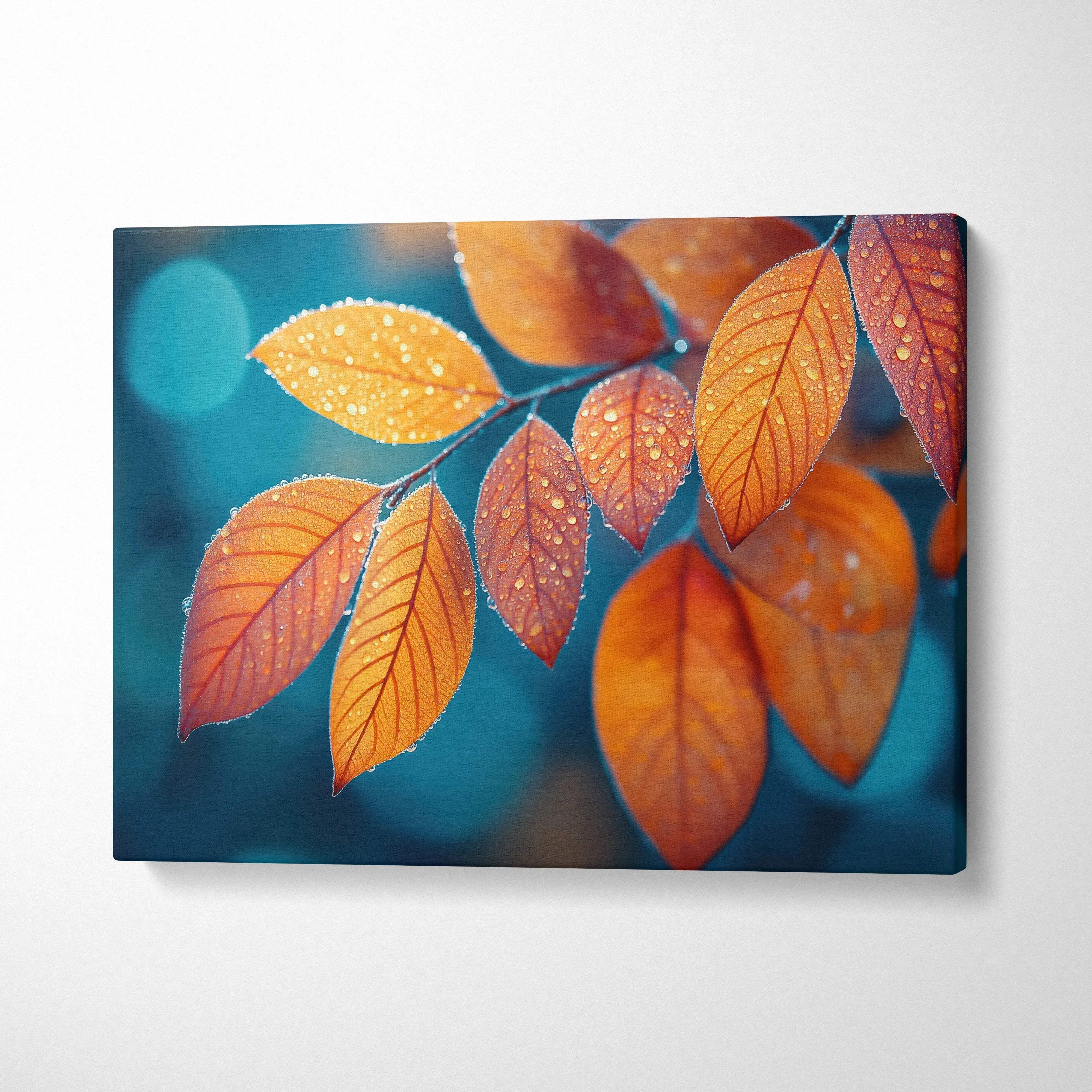 Autumn leaves with water droplets on vibrant blue background canvas wall art.
