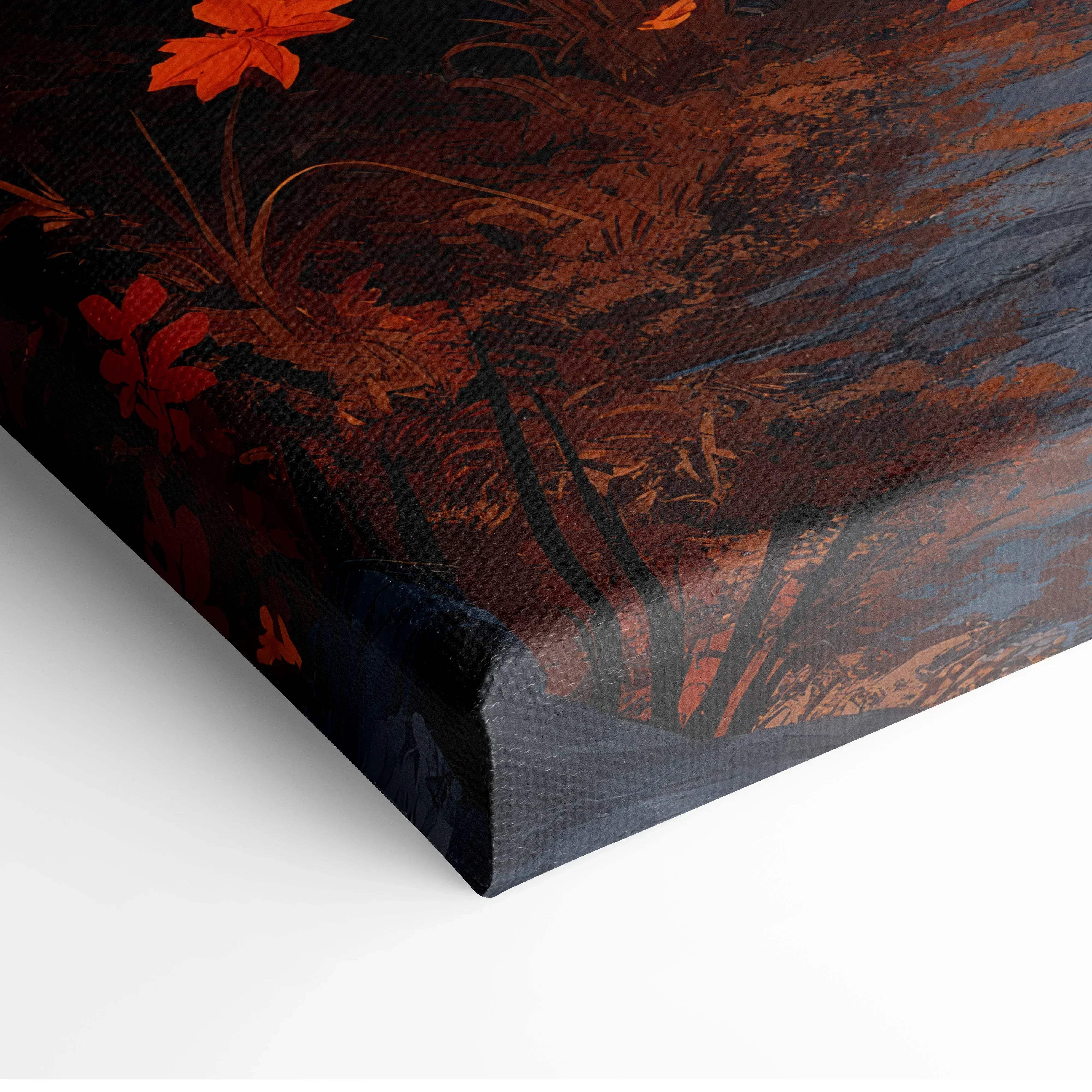 Canvas print featuring a textured autumnal landscape with vibrant orange and red leaves for cozy home decor
