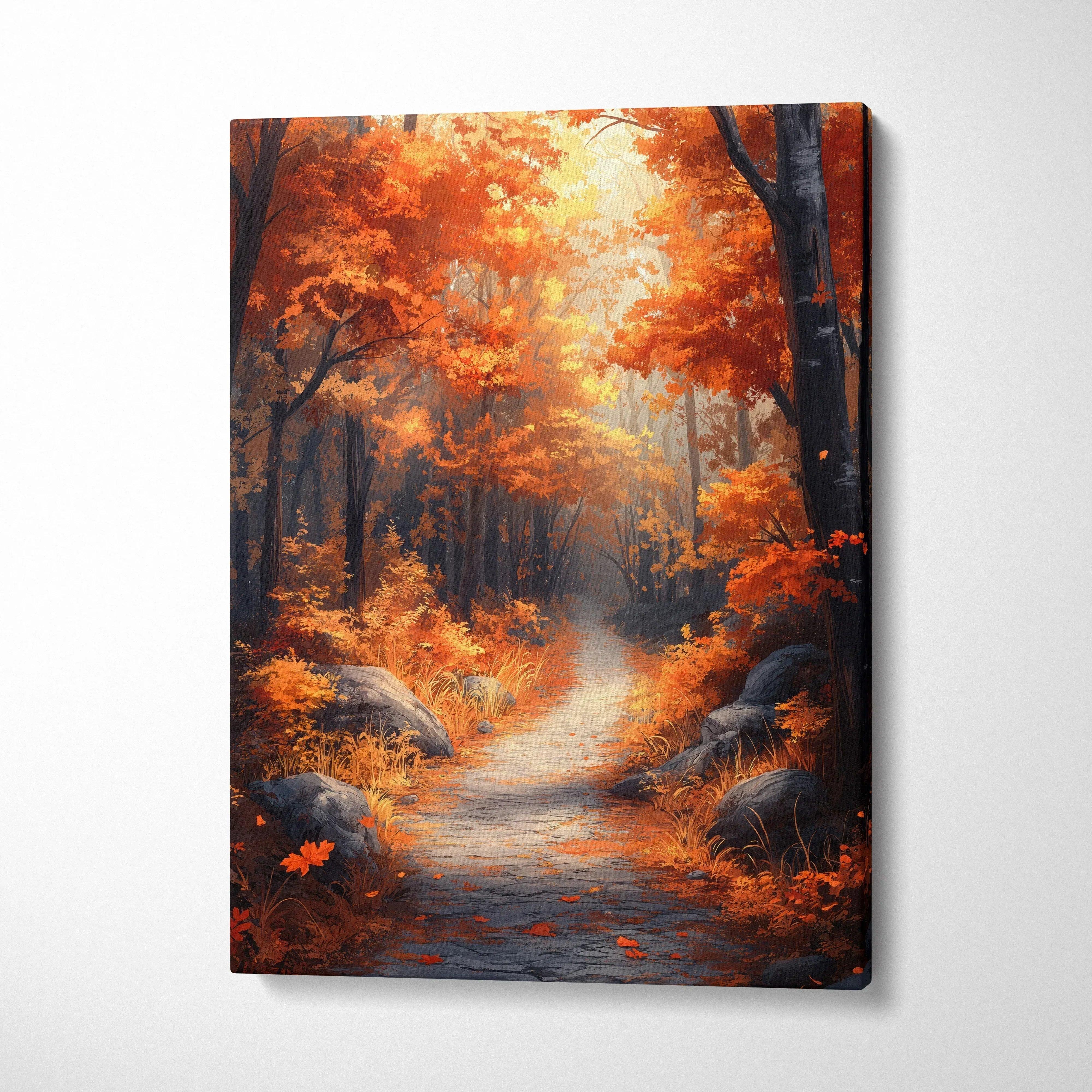 Autumn forest path with vibrant orange leaves canvas wall art in vertical orientation.