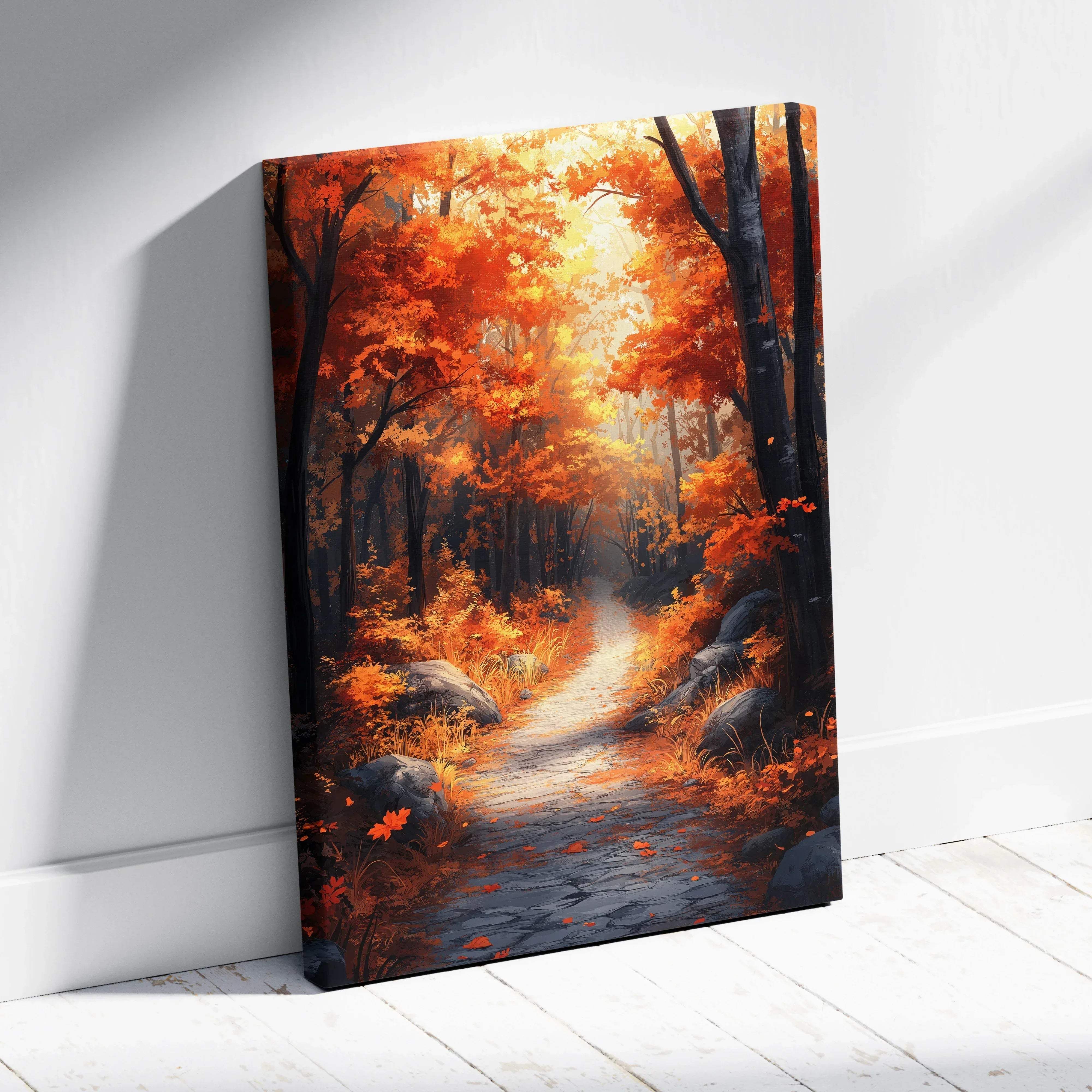 A vibrant canvas print of a sunlit autumn forest path with fiery orange and red foliage for cozy home decor